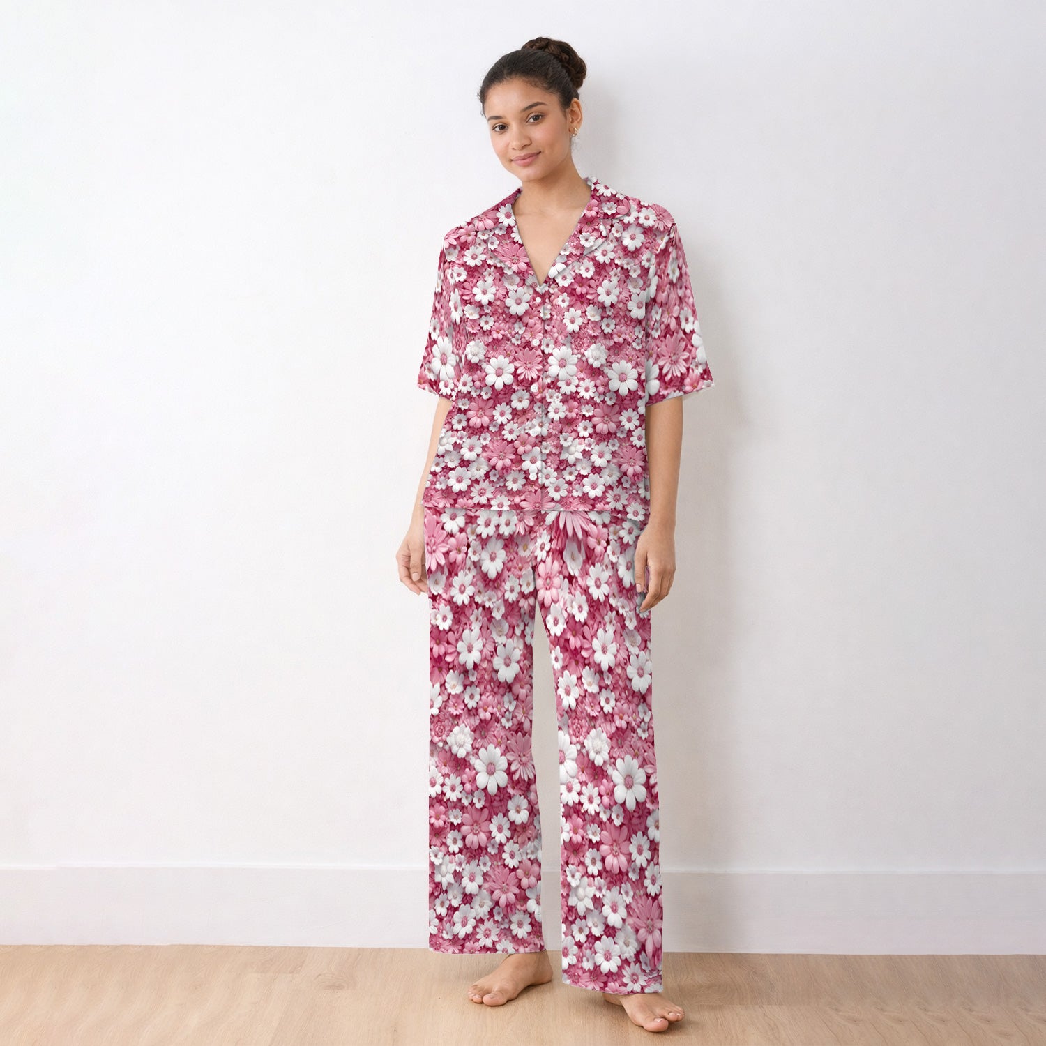 Cute Daisy Flower Bloom Pattern Pajama Set, Soft Breathable Fabric Comfortable Sleepwear