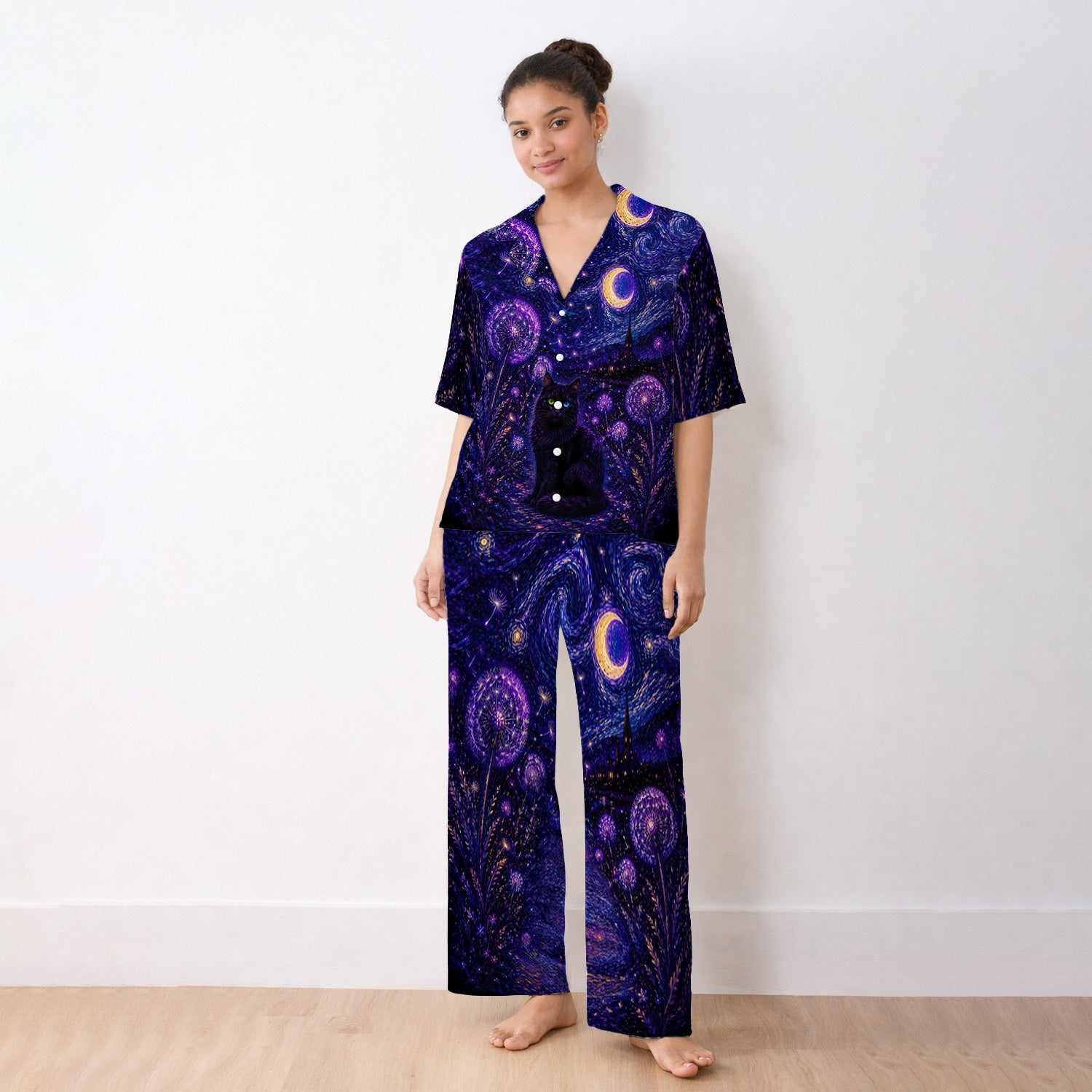 Mystical Black Cat Starry Night Print Pajama Set, Soft Breathable Fabric Comfortable Sleepwear