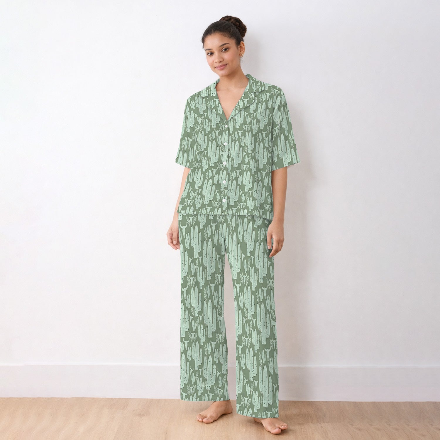 Funny Desert Cactus Skull Pattern Pajama Set, Soft Breathable Fabric Comfortable Sleepwear