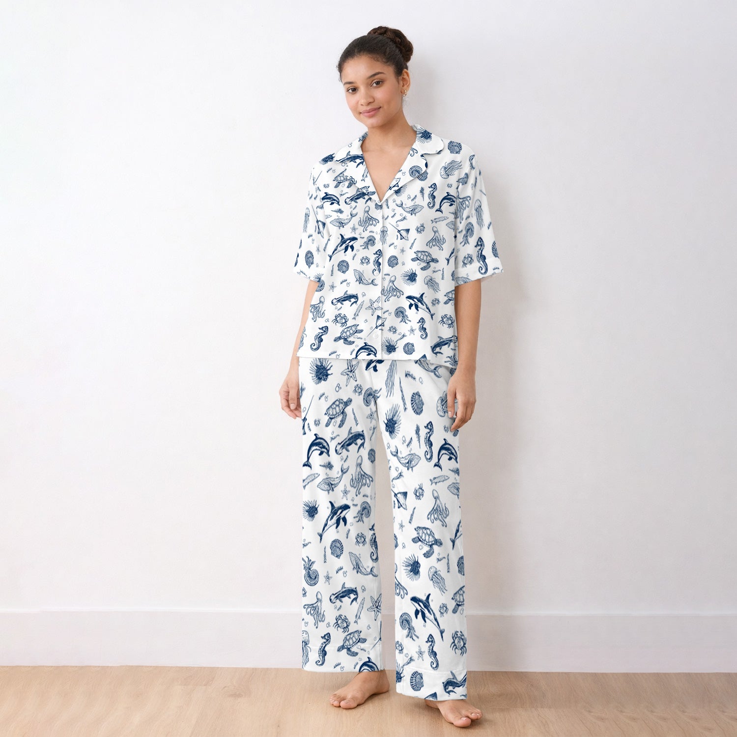 Marine Sea Life Pattern Pajama Set, Breathable Fabrics Uniform
