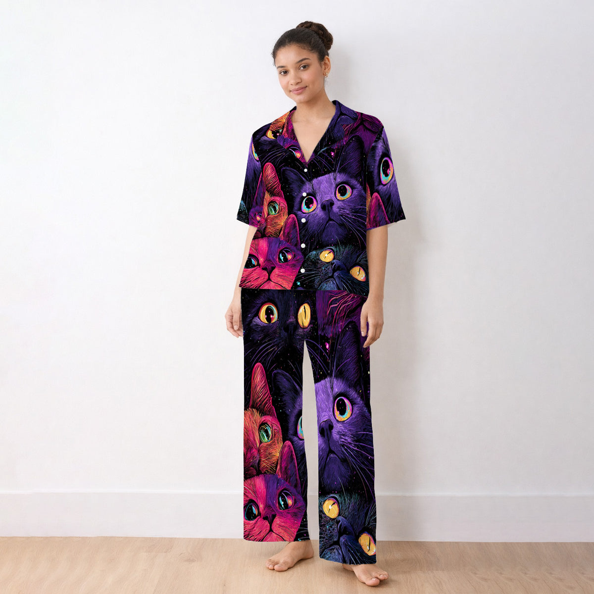 Colorful Neon Cat Faces Pajama Set, Soft Breathable Fabric Comfortable Sleepwear