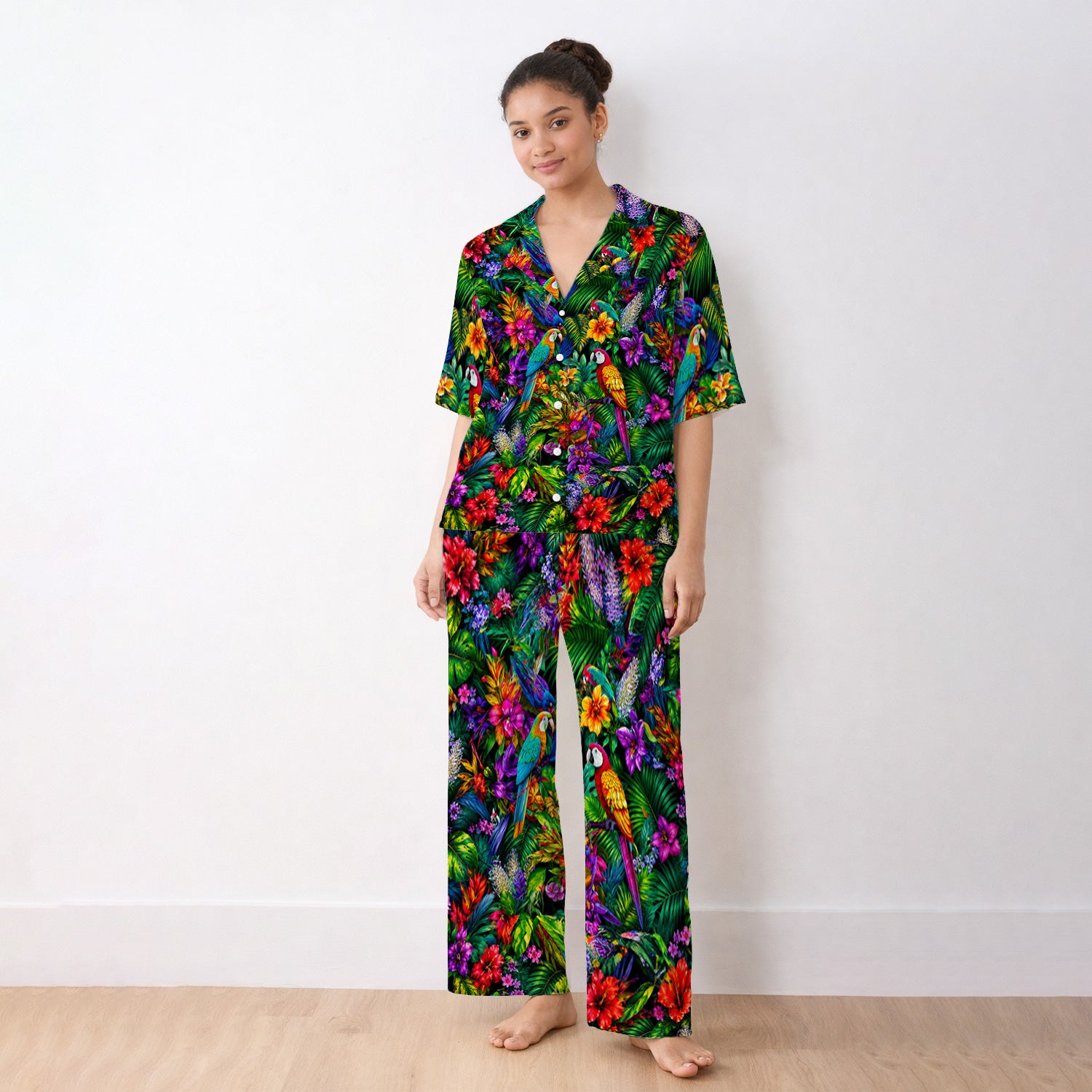Tropical Parrot Jungle Blossom Pattern Pajama Set, Soft Breathable Fabric Comfortable Sleepwear
