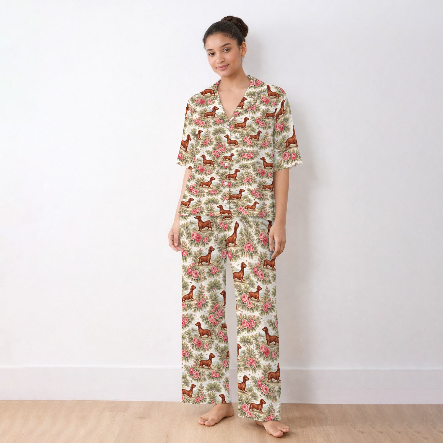 Vintage Dachshund Rose Floral Pattern Pajama Set, Soft Breathable Fabric Comfortable Sleepwear
