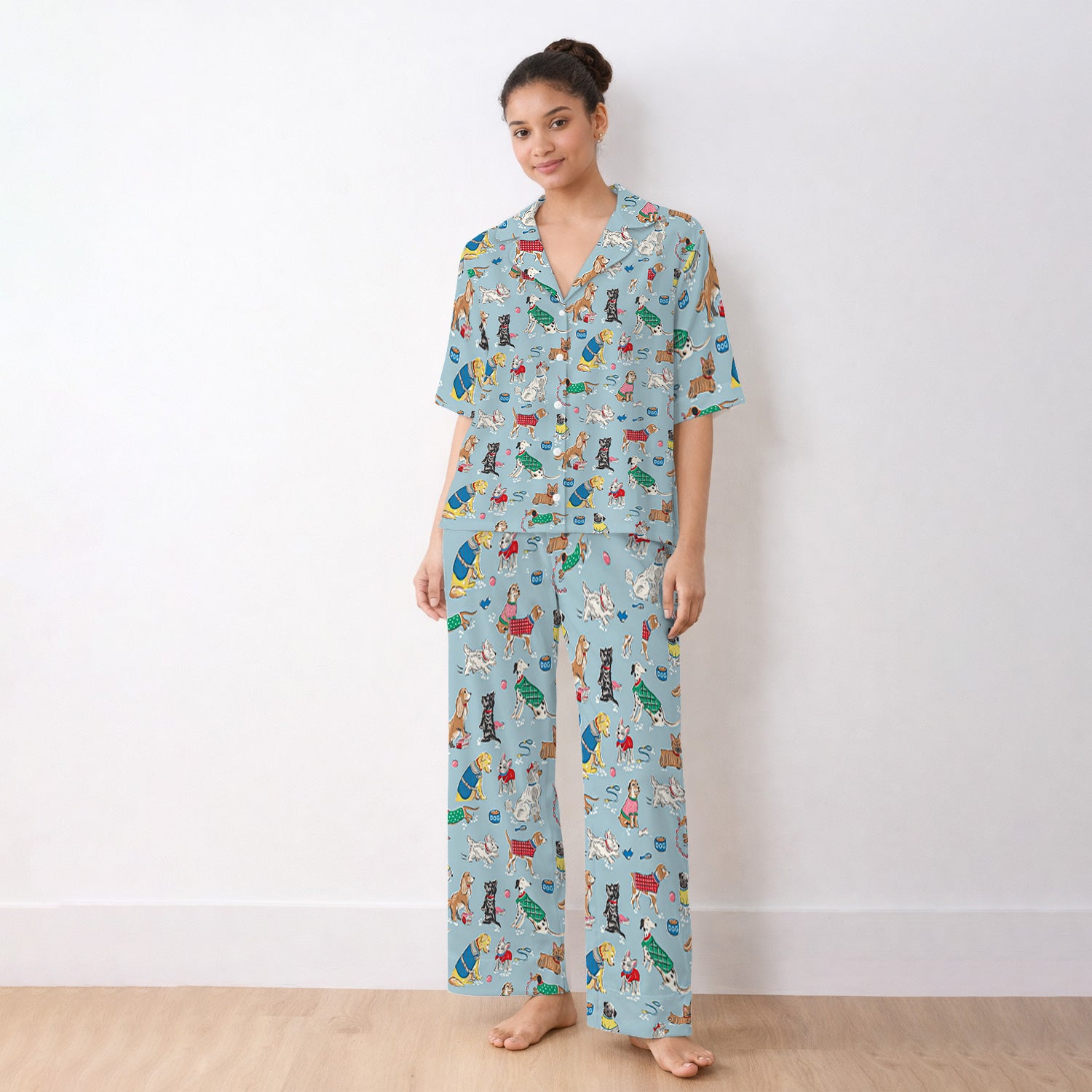 Cute Dog Wearing Sweater Playing Ball Pattern Pajama Set, Soft Breathable Fabric Comfortable Sleepwear