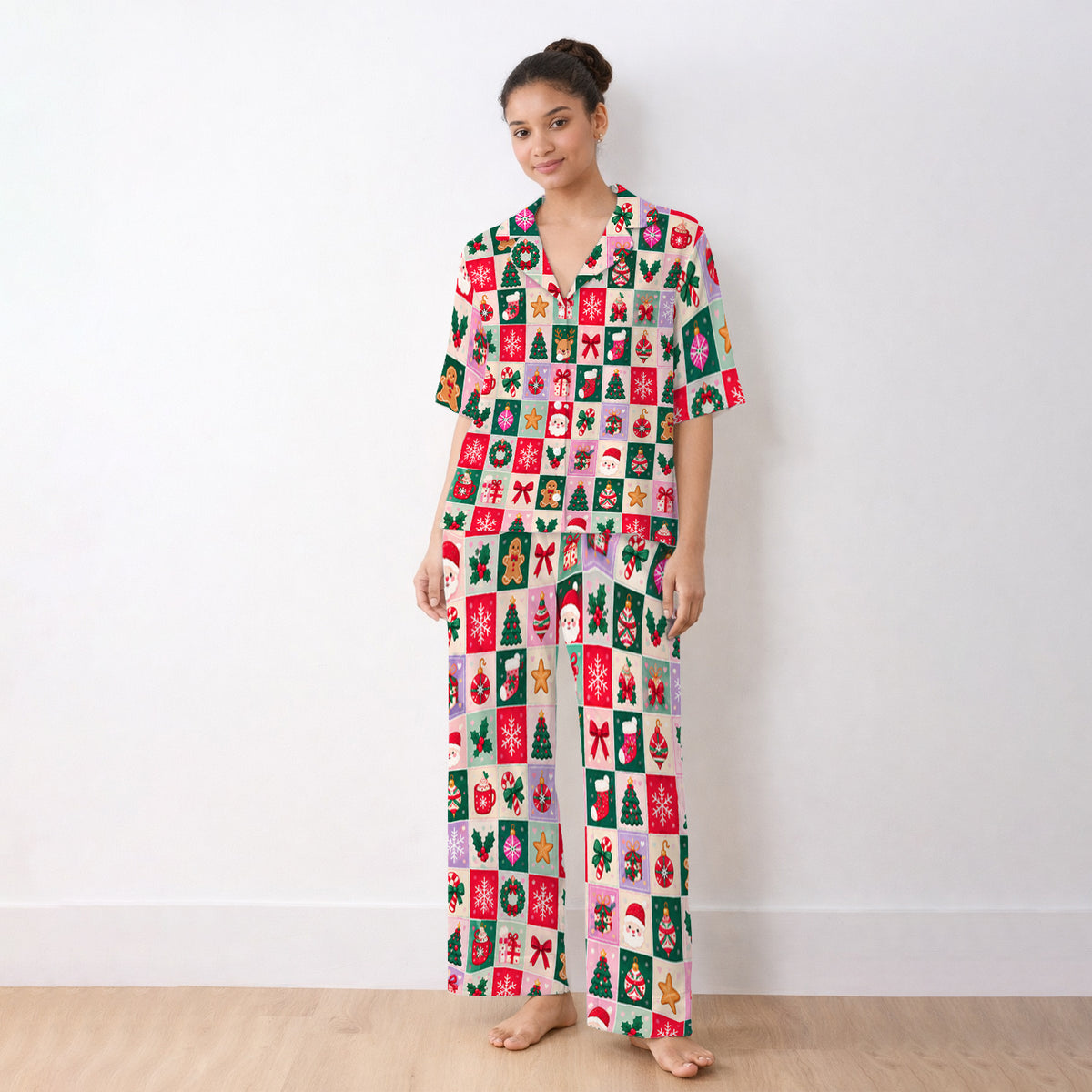 Cute Christmas Santa Patchwork Pajama Set, Soft Breathable Fabric Comfortable Sleepwear