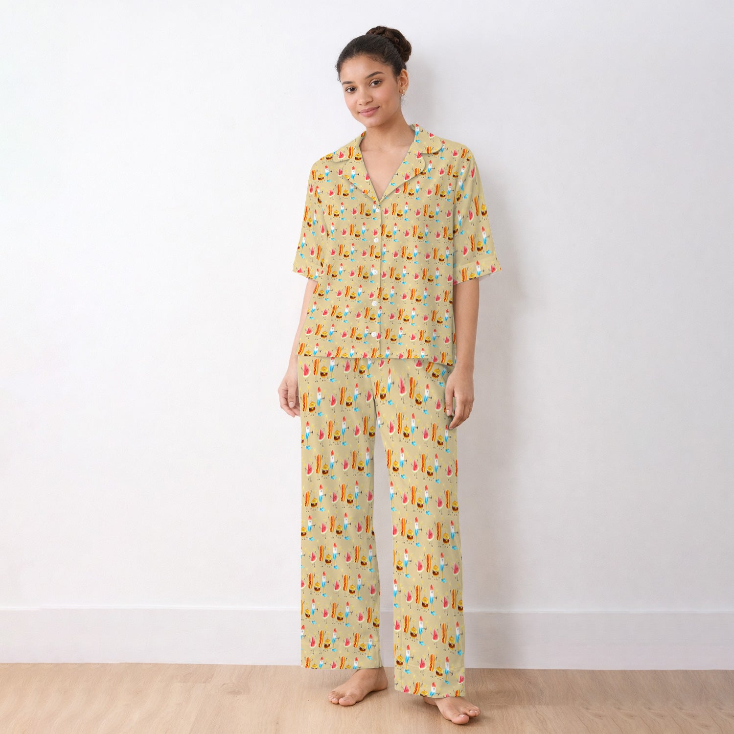 Funny Summer Food Icons Pattern Pajama Set, Soft Breathable Fabric Comfortable Sleepwear
