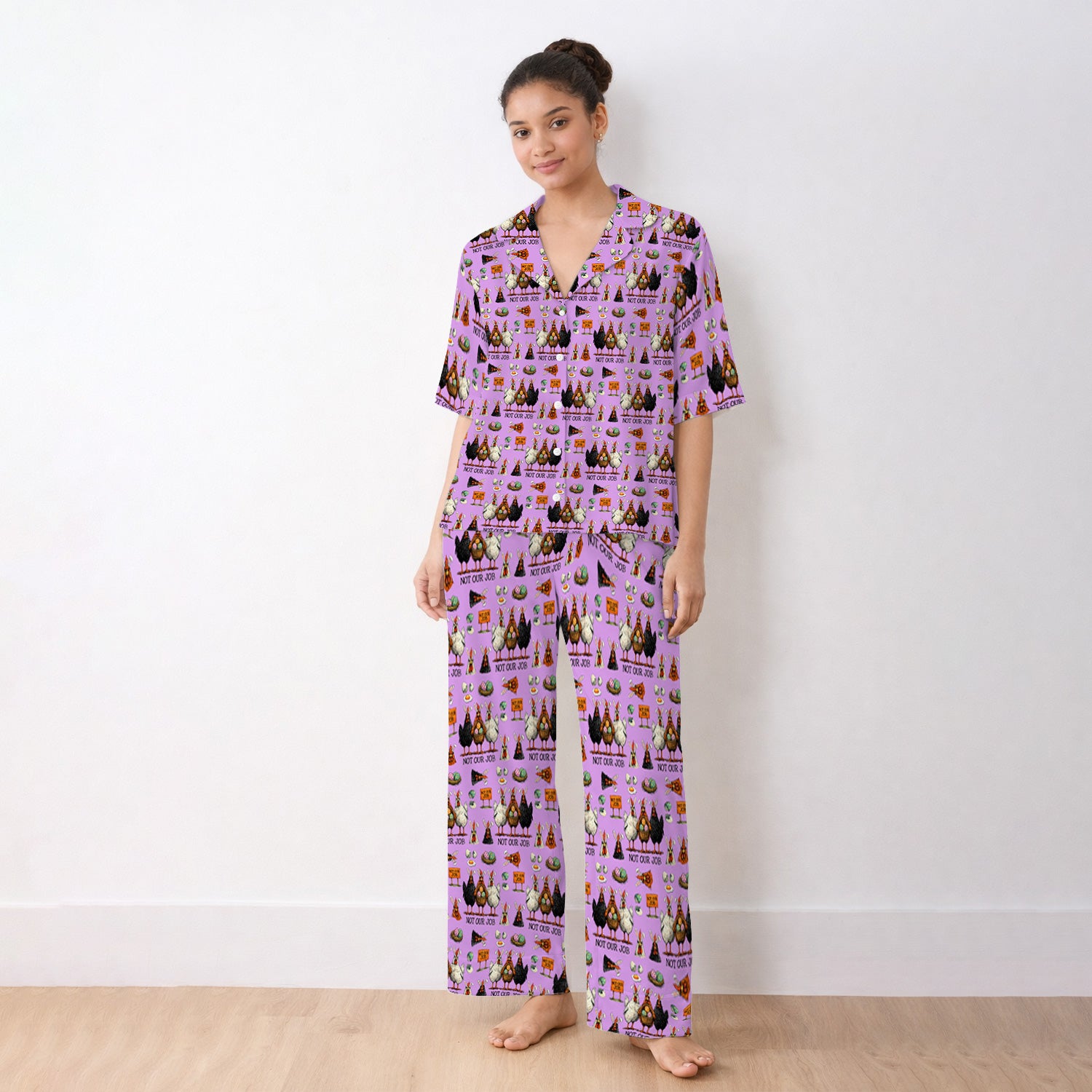 Funny Easter Chicken Humor Pattern Pajama Set, Breathable Fabrics Uniform