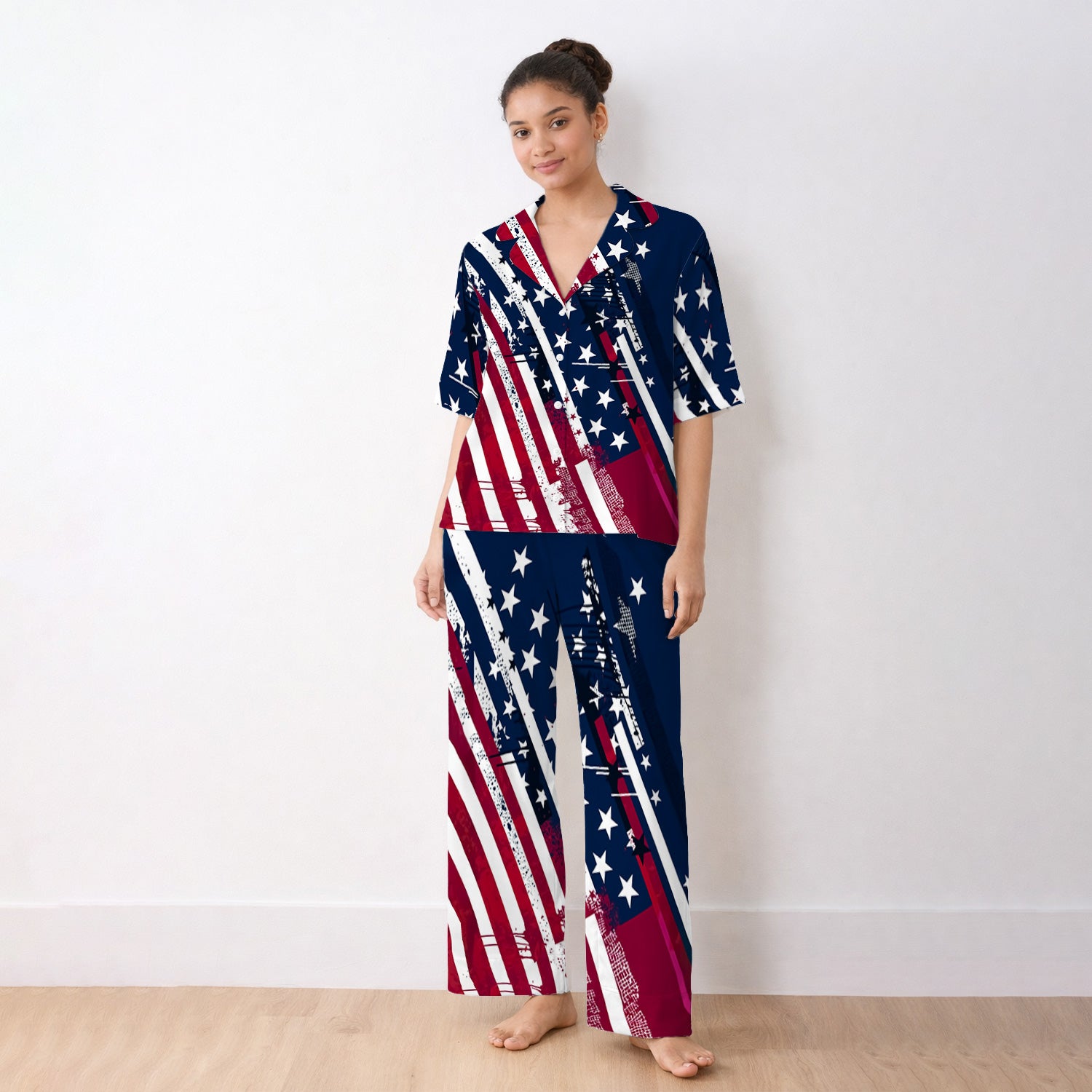 Patriotic USA Flag Stars And Stripes Grunge Pattern Pajama Set, Soft Breathable Fabric Comfortable Sleepwear