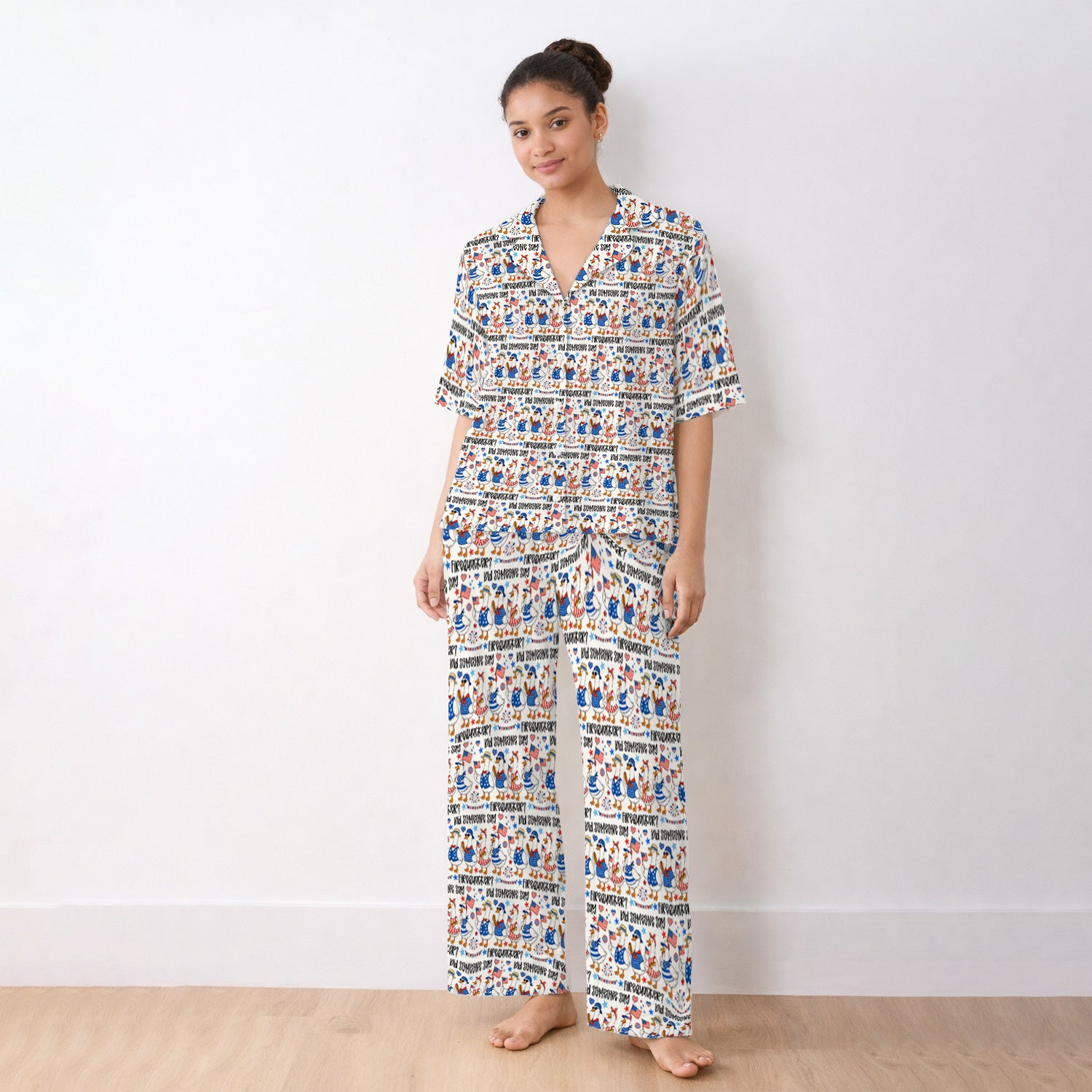Funny Patriotic Goose Pattern Pajama Set, Soft Breathable Fabric Comfortable Sleepwear