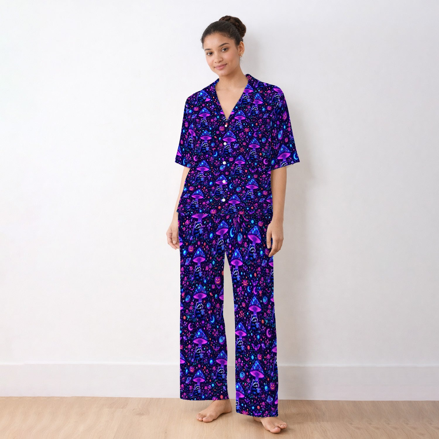 Halloween Raccoon And Mushrooms Pajama Set, Soft Breathable Fabric Comfortable Sleepwear
