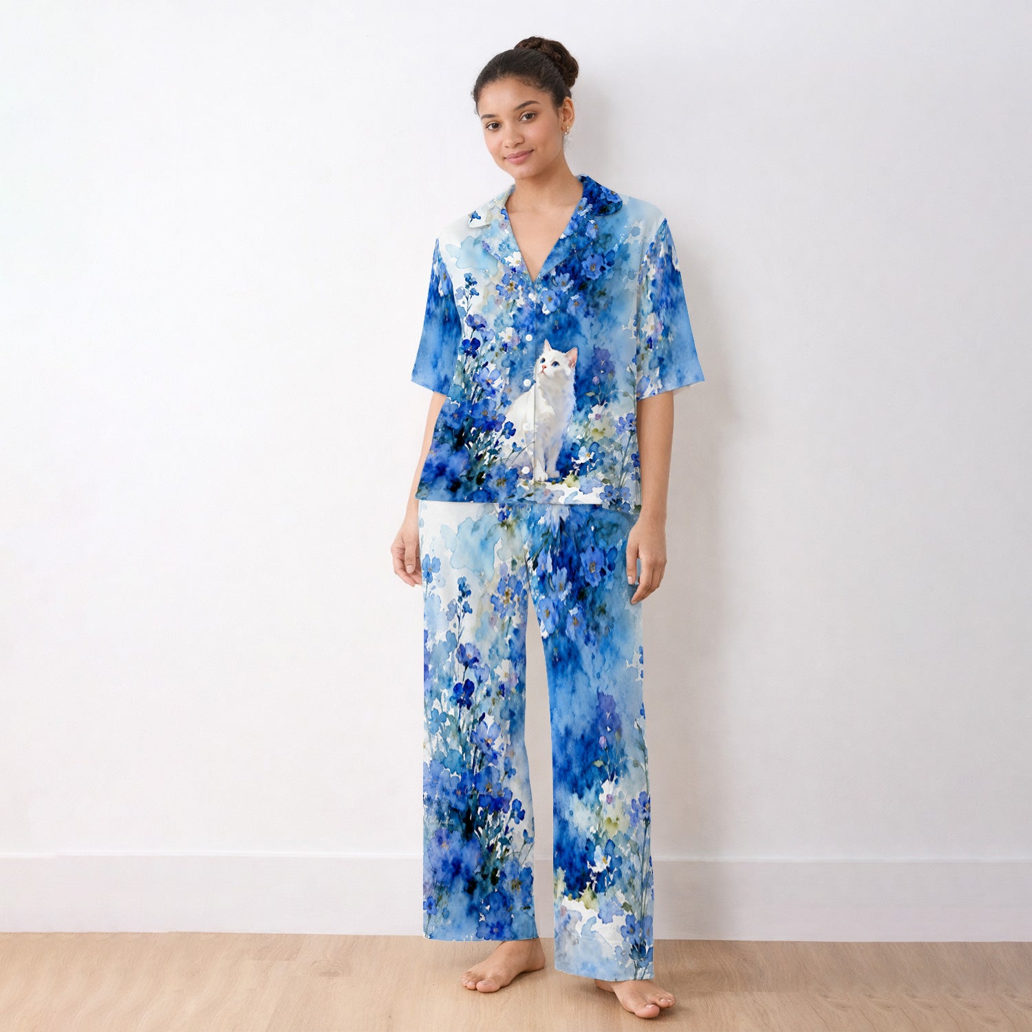 Adorable Blue Floral White Cat Pattern Pajama Set, Soft Breathable Fabric Comfortable Sleepwear