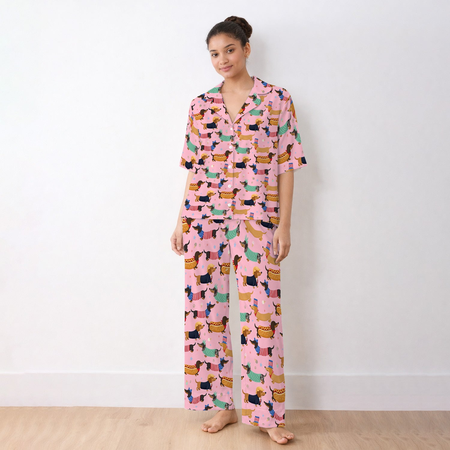 Funny Patriotic Dachshund Costume Dogs Pattern Pajama Set, Breathable Fabrics Uniform