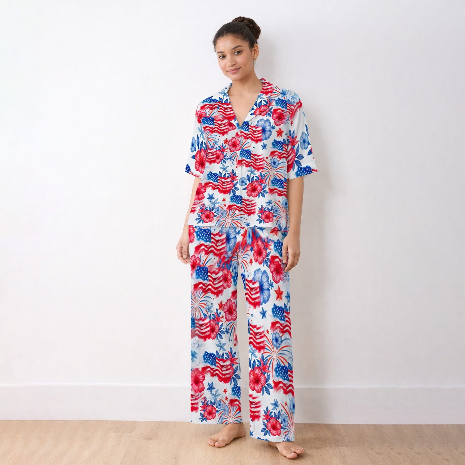 Patriotic American Flag Floral Pattern Pajama Set, Soft Breathable Fabric Comfortable Sleepwear