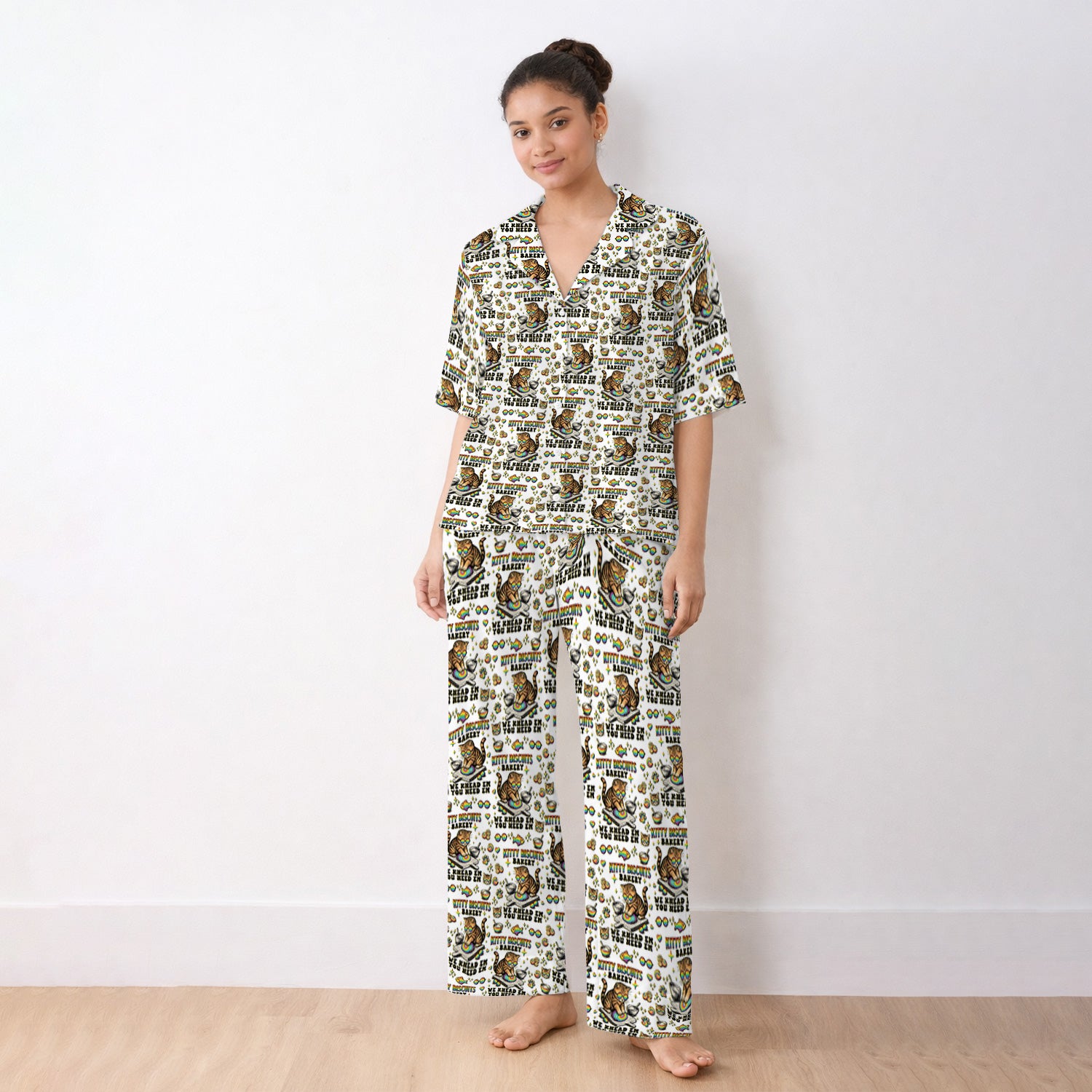 Pride Nurse Cat Baking Rainbow Dough Pattern Pajama Set, Breathable Fabrics Uniform