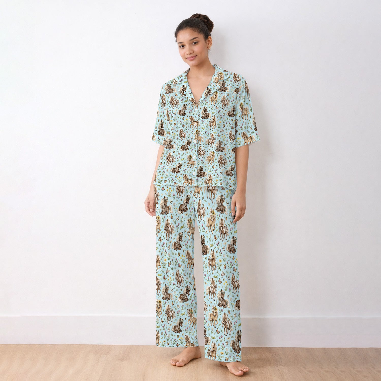 Cute Pony Garden with Butterfly Floral Meadow Print Pajama Set, Soft Breathable Fabric Comfortable Sleepwear