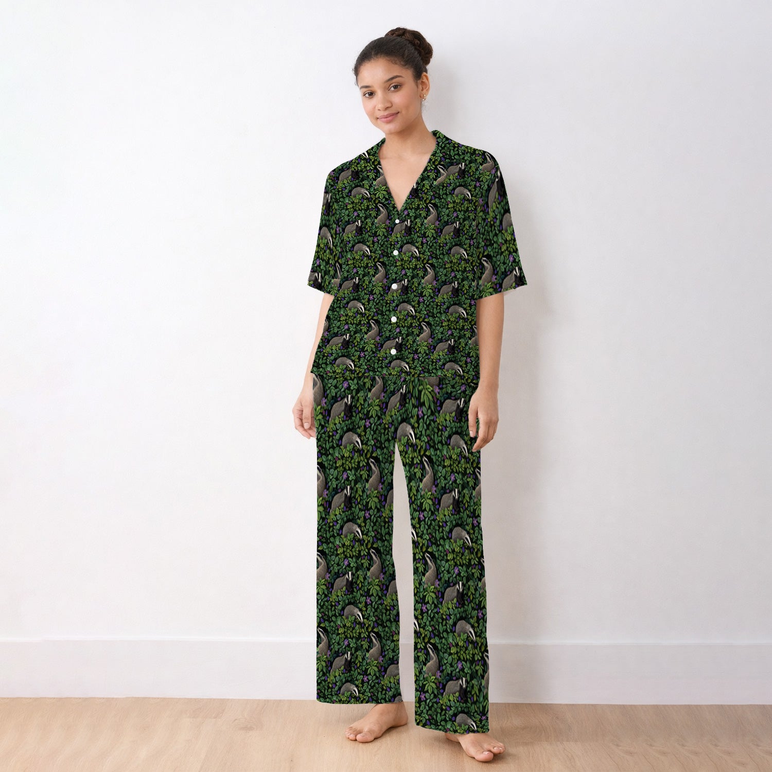 Woodland Badger Forest Pattern Pajama Set, Soft Breathable Fabric Comfortable Sleepwear