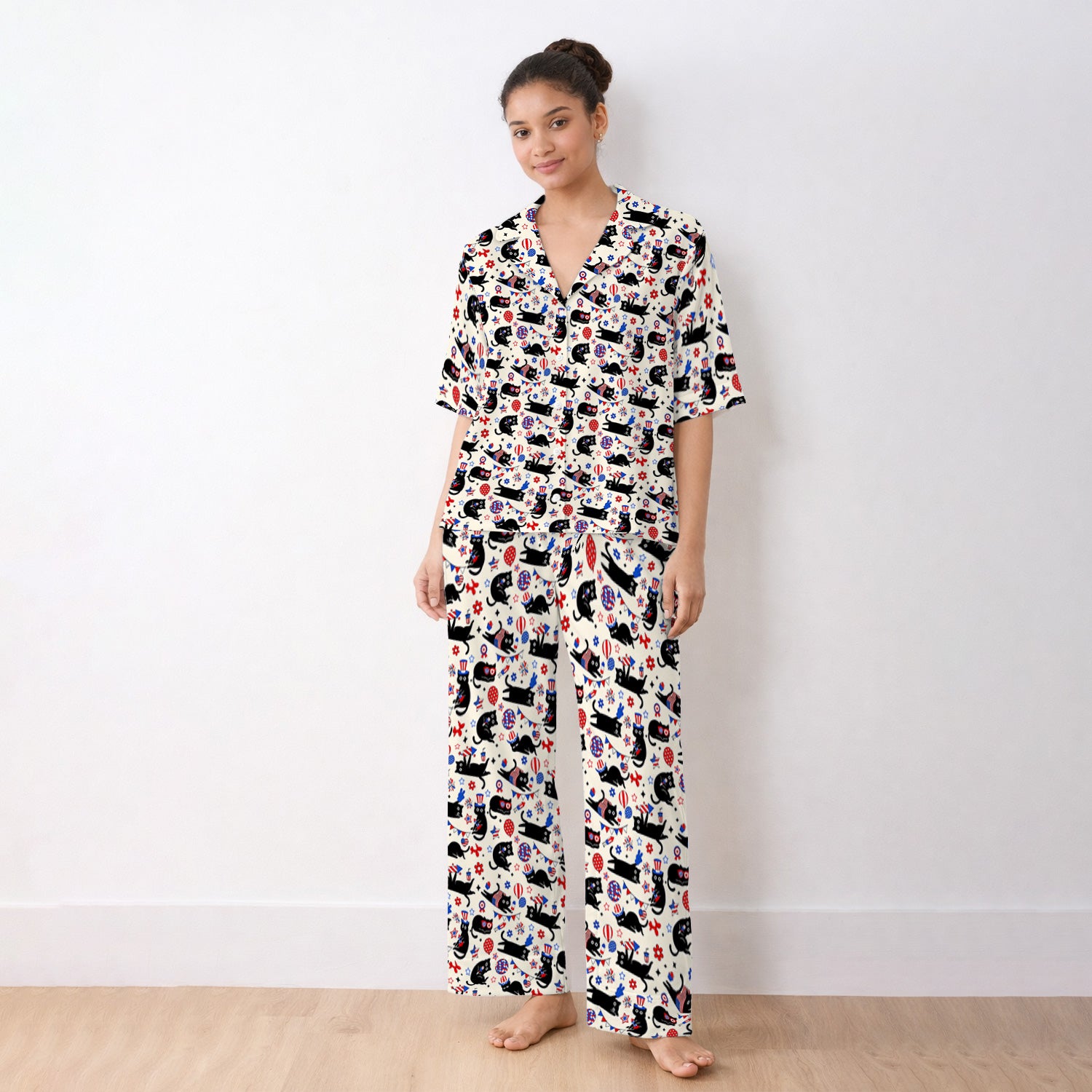 Patriotic Black Cat Pattern Pajama Set, Soft Breathable Fabric Comfortable Sleepwear