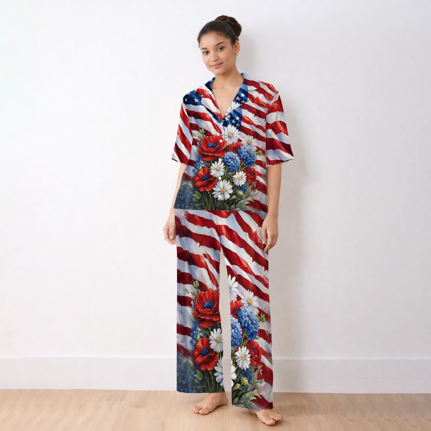 Festive US Flag Floral Bouquet Pattern Pajama Set, Soft Breathable Fabric Comfortable Sleepwear