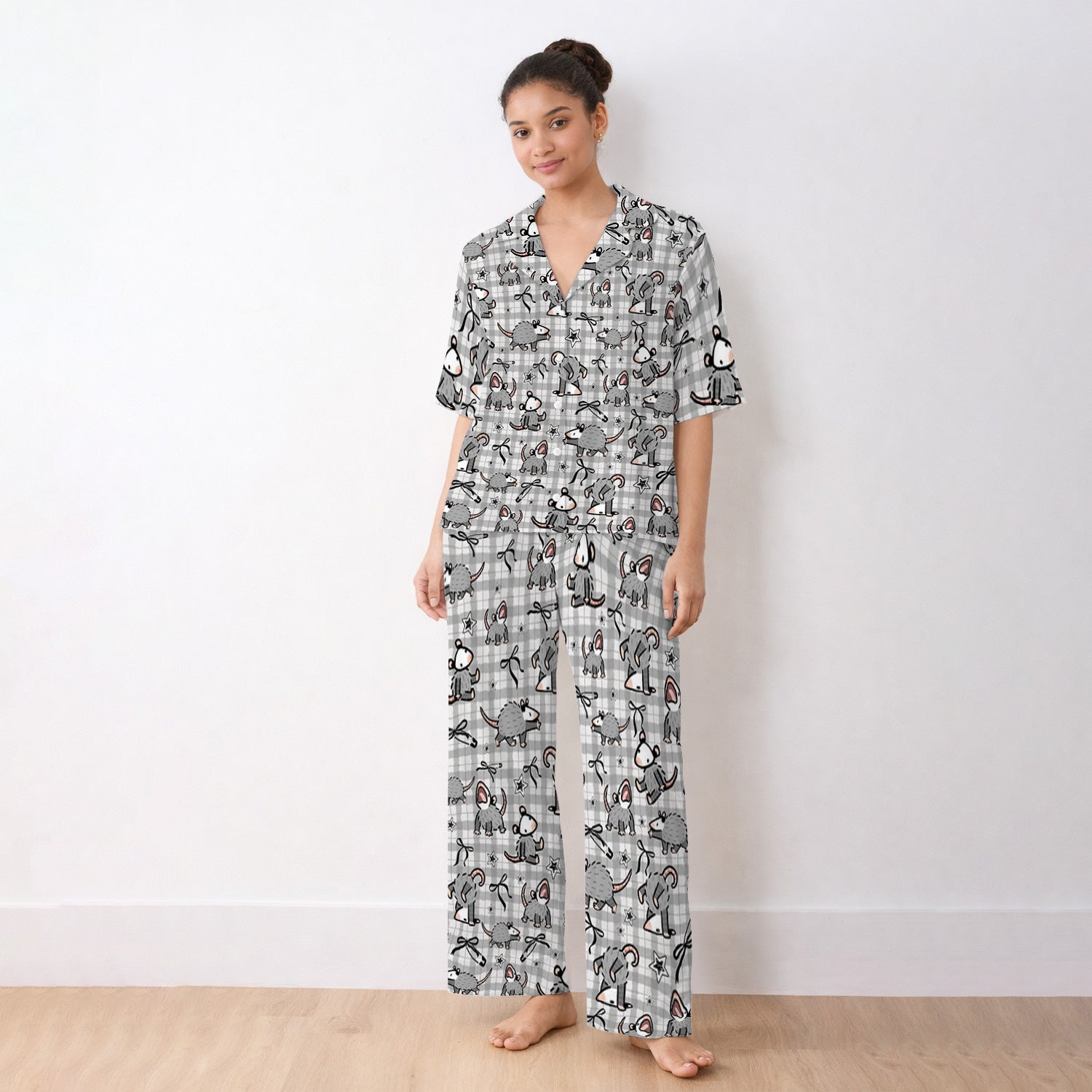 Funny Mouse Cartoon Pattern Print Pajama Set, Breathable Fabrics Uniform