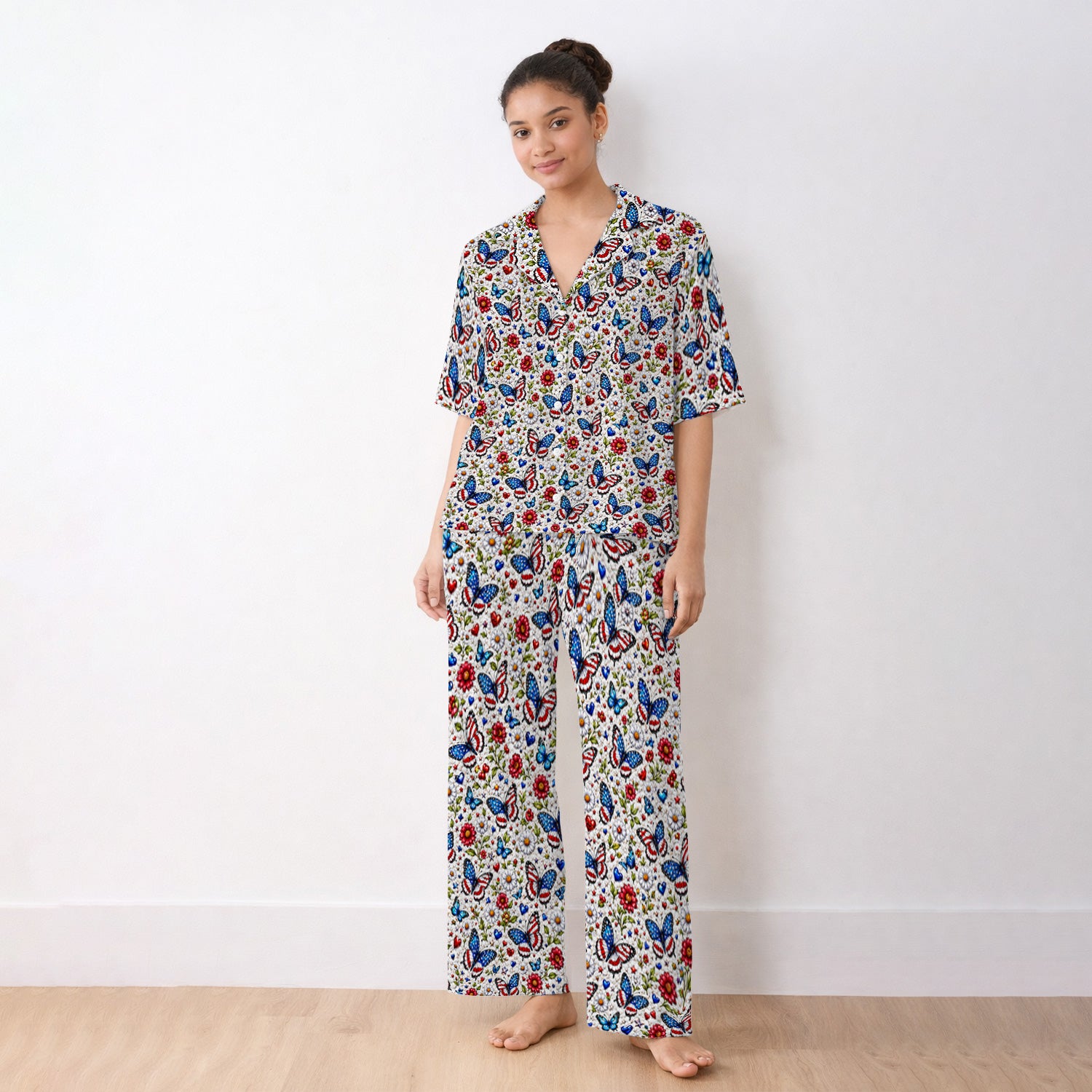 Patriotic Butterfly Daisy Heart Pattern Pajama Set, Soft Breathable Fabric Comfortable Sleepwear