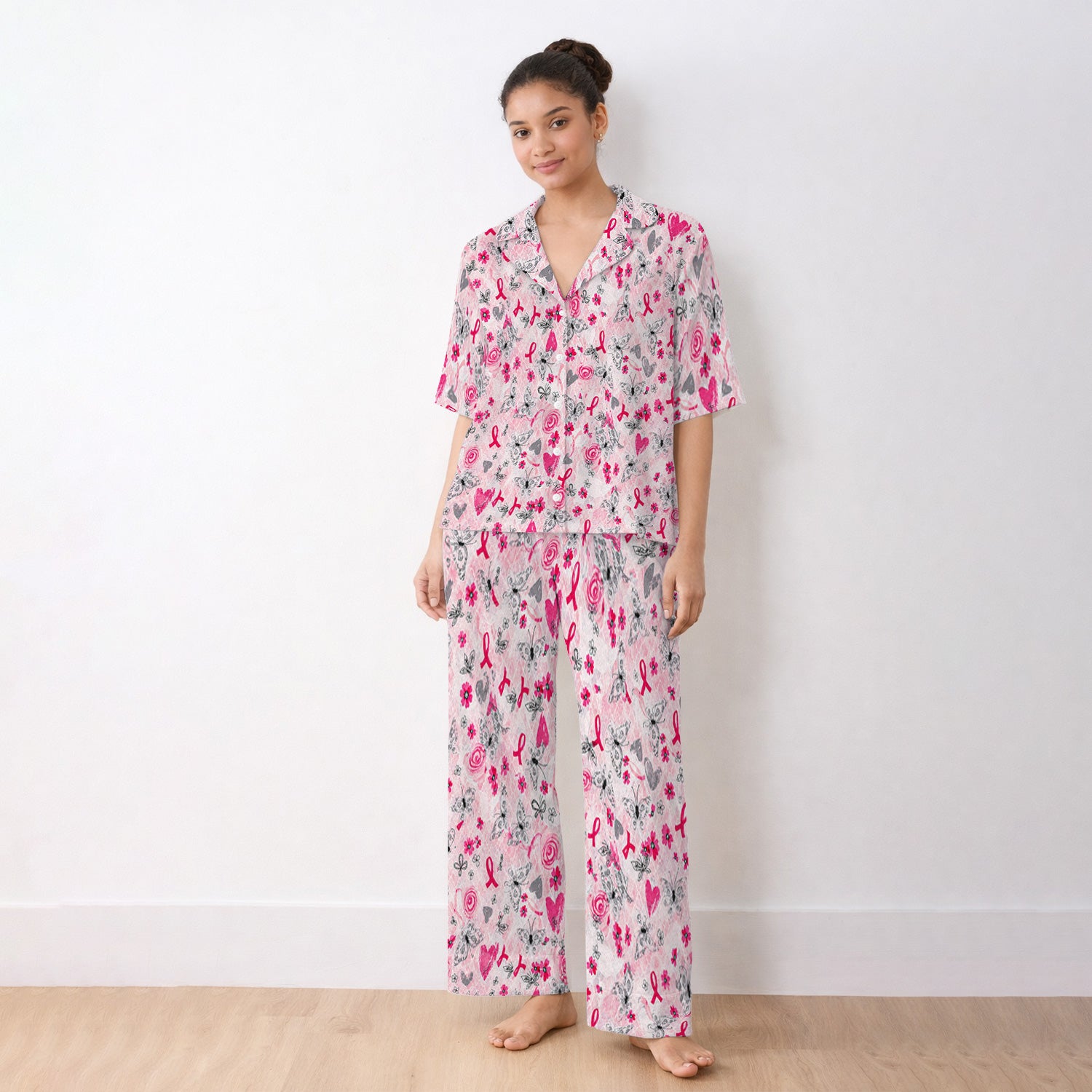 Breast Cancer Awareness Butterfly Floral Pajama Set, Soft Breathable Fabric Comfortable Sleepwear