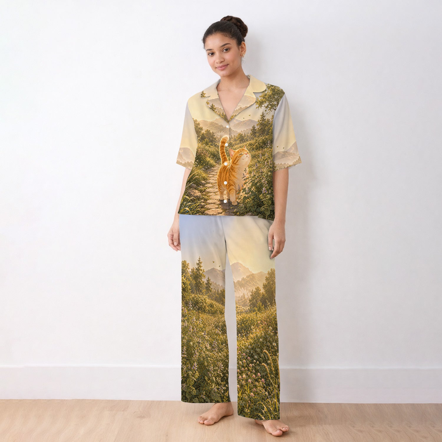 Sunny Mountain Cat Nurse, Nature Lover Medical Pajama Set, Soft Breathable Fabric Comfortable Sleepwear