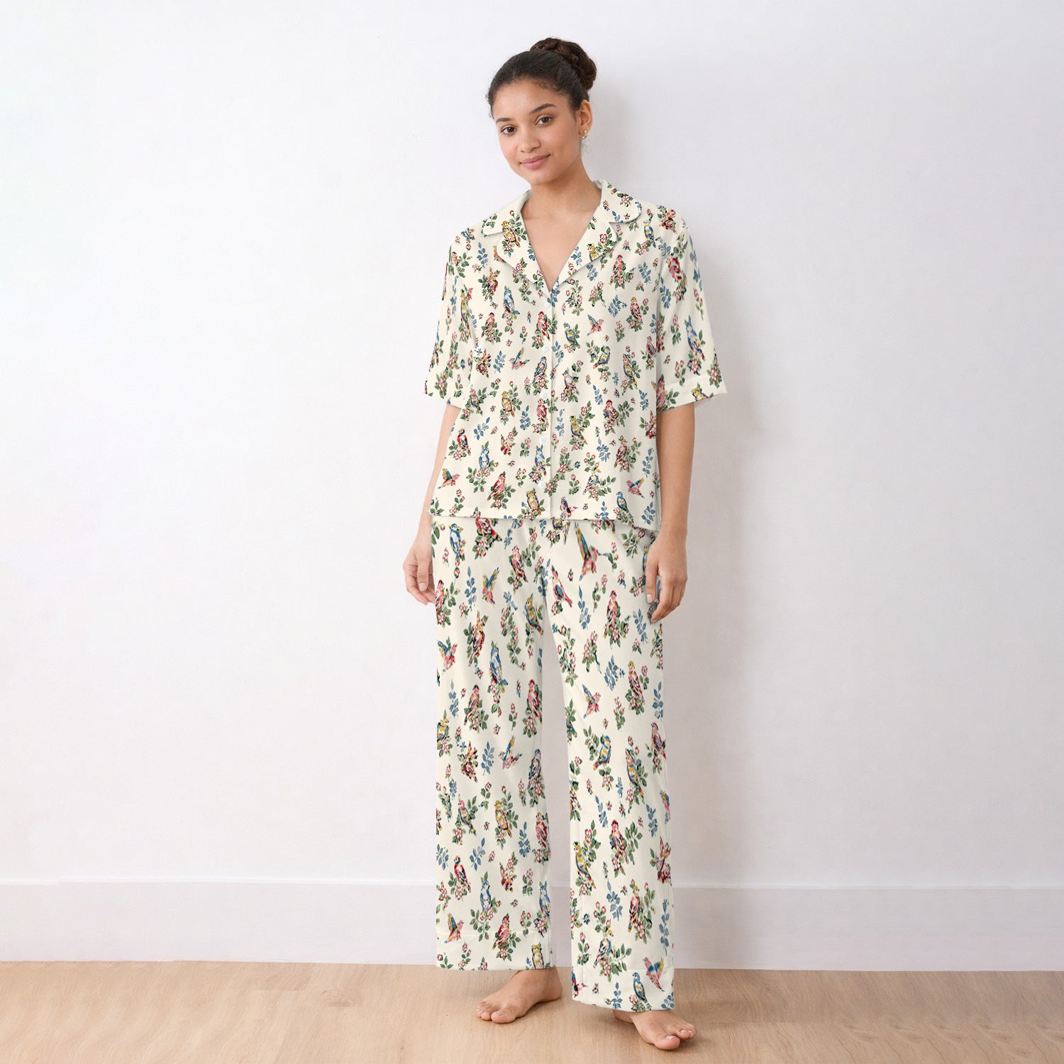 Cute Vintage Birds Blossom Pattern Pajama Set, Soft Breathable Fabric Comfortable Sleepwear