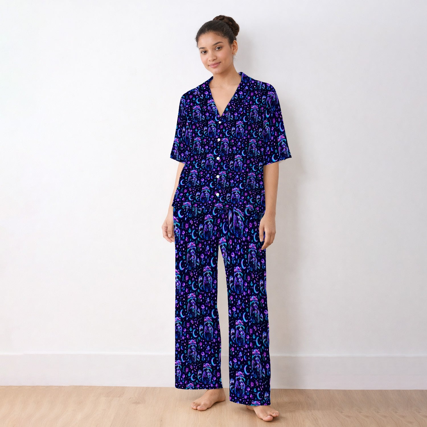 Neon Mushroom Raccoon Moonlight Pattern Pajama Set, Soft Breathable Fabric Comfortable Sleepwear