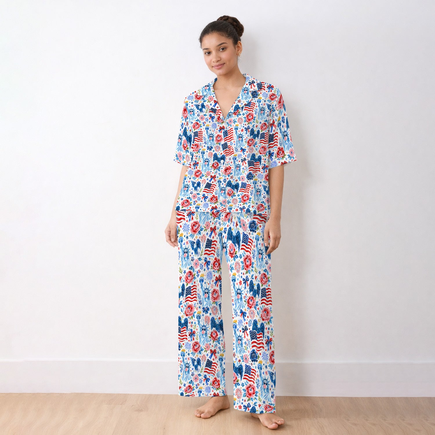 Patriotic Liberty Nurse Pattern Pajama Set, Soft Breathable Fabric Comfortable Sleepwear