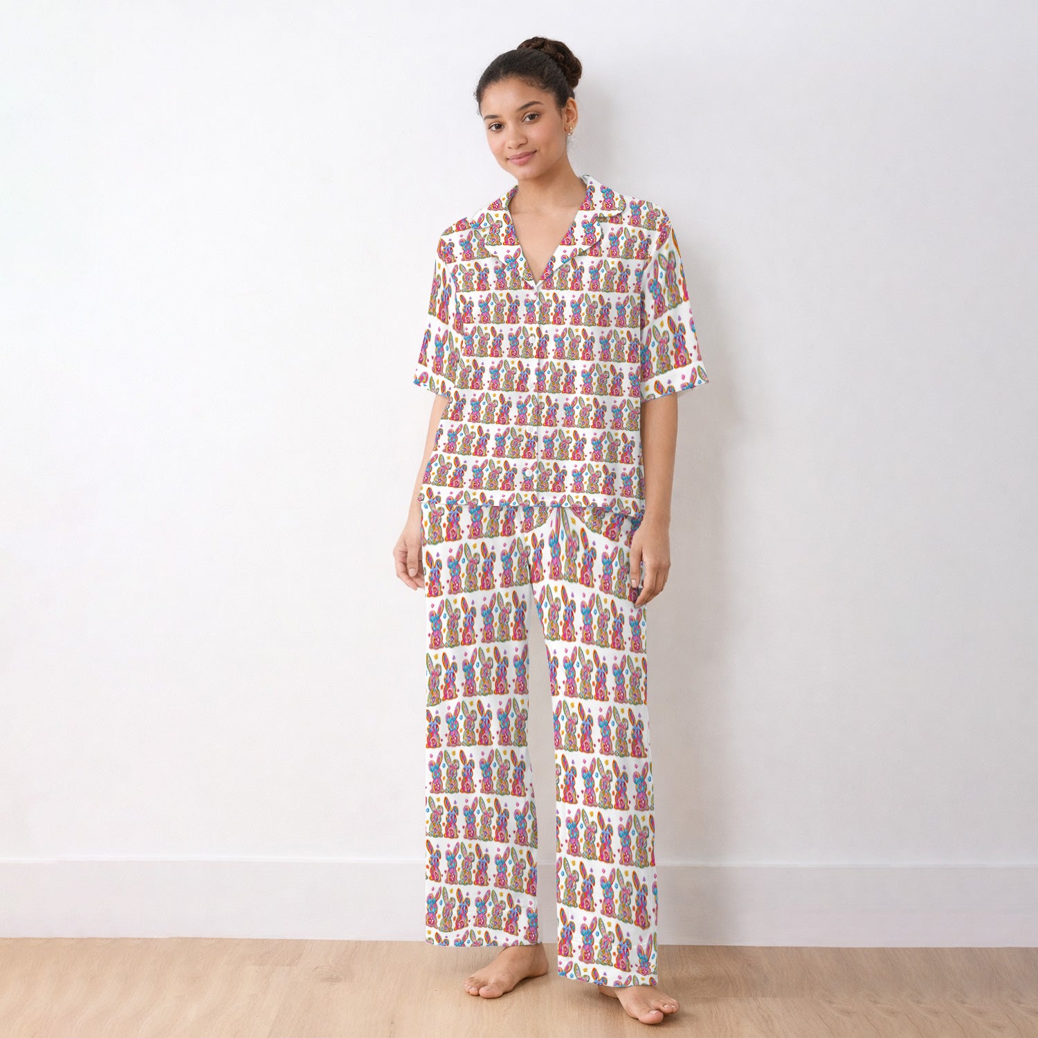 Cute Pastel Bunny Floral Pattern Pajama Set, Breathable Fabrics Uniform