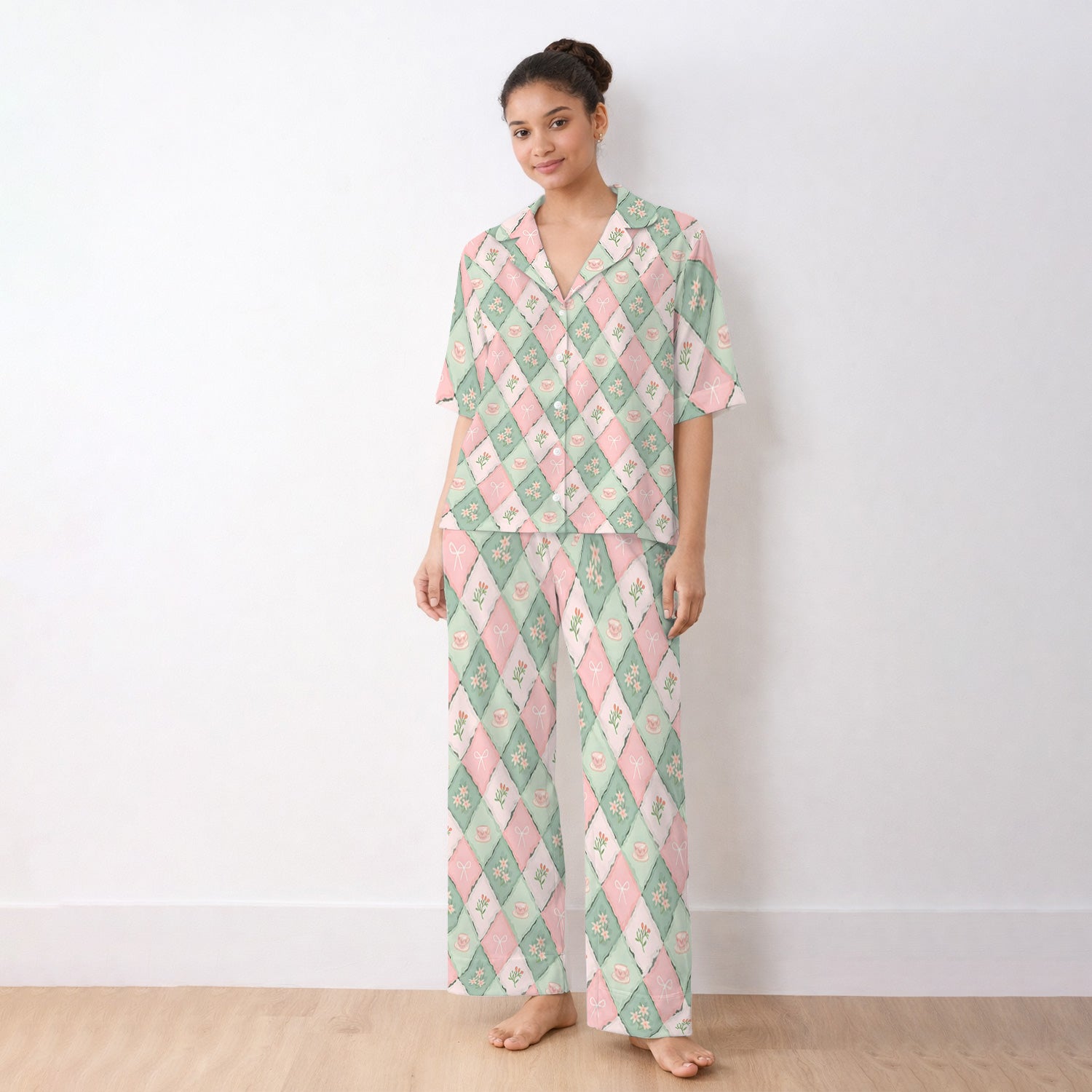 Flowers Tea Cups Pattern  Pajama Set, Soft Breathable Fabric Comfortable Sleepwear