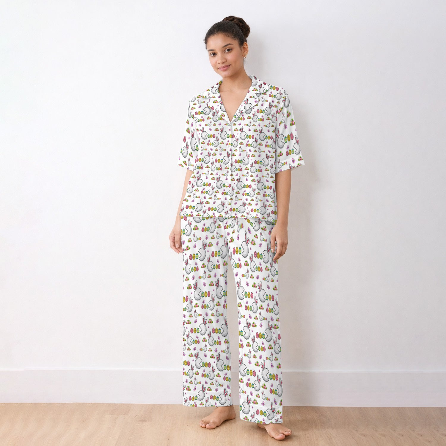 Easter Bunny and Colorful Eggs Print  Pajama Set, Breathable Fabrics Uniform