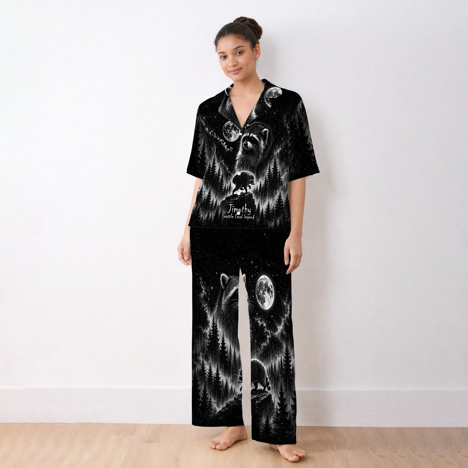 Moonlit Raccoon Forest Print Pajama Set, Soft Breathable Fabric Comfortable Sleepwear