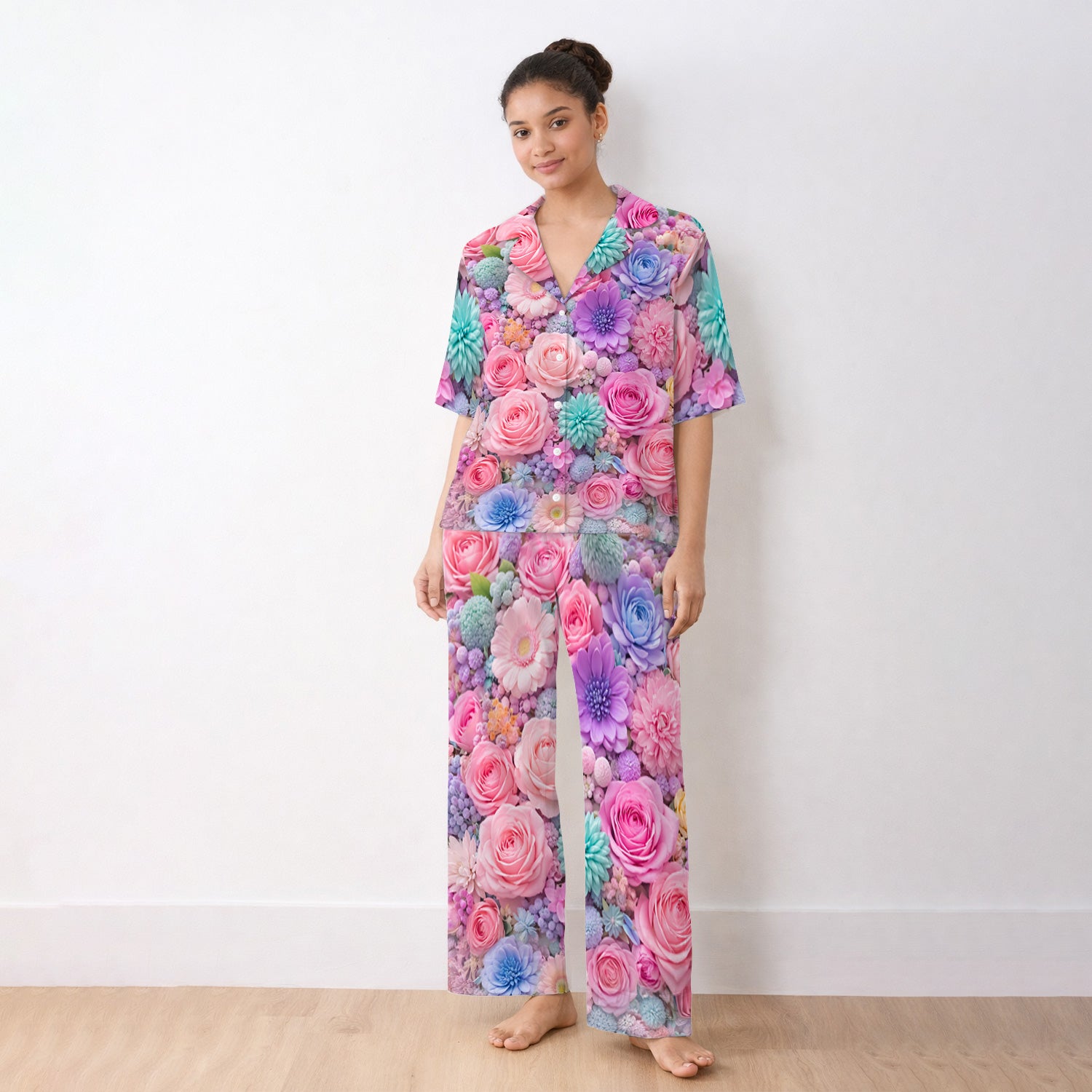Pastel Floral Pink Rose & Candy Color Pajama Set, Soft Breathable Sleepwear