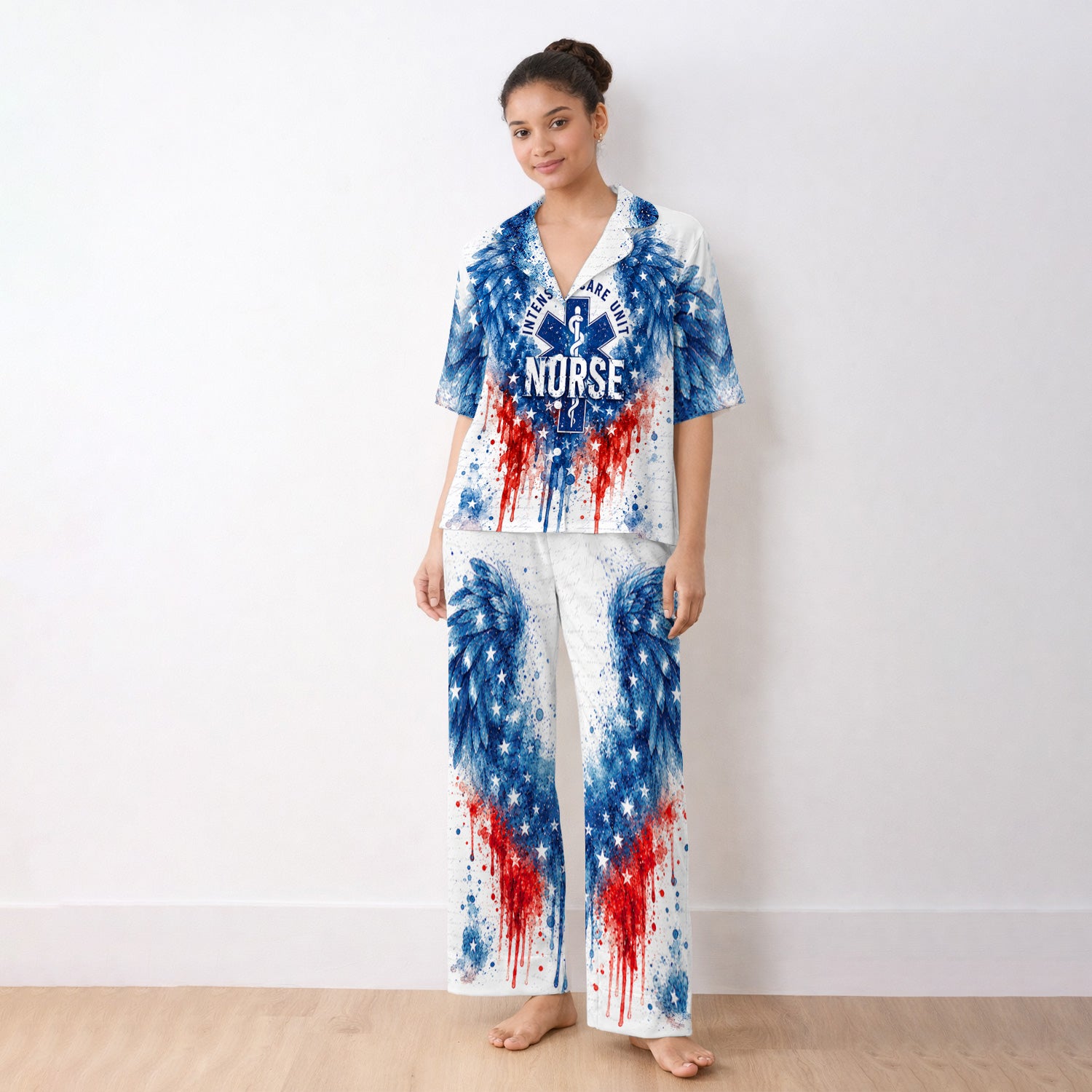 Patriotic Nurse Angel Wings Print Pajama Set, Soft Breathable Fabric Comfortable Sleepwear