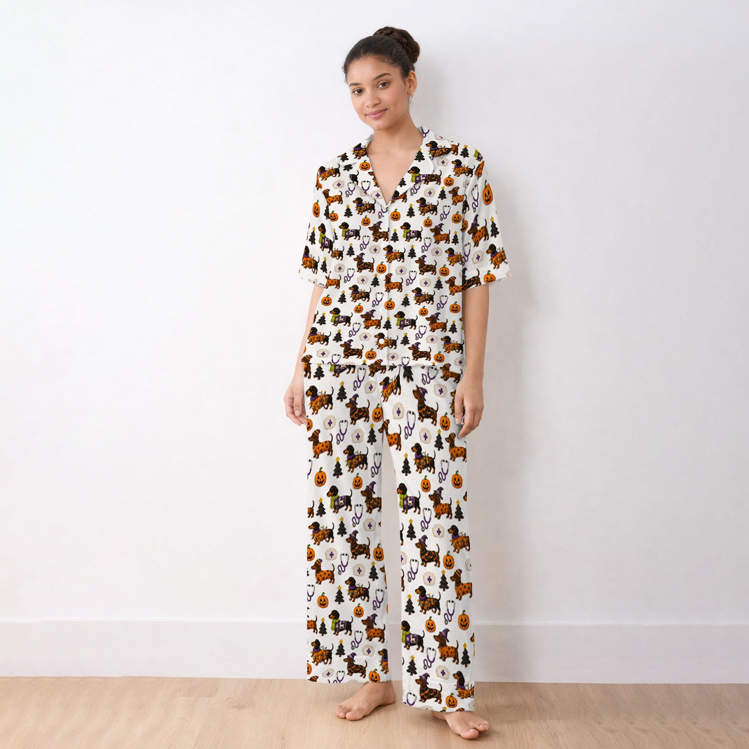 Halloween Dachshund with Pumpkin Stethoscope Print Pajama Set, Soft Breathable Fabric Comfortable Sleepwear