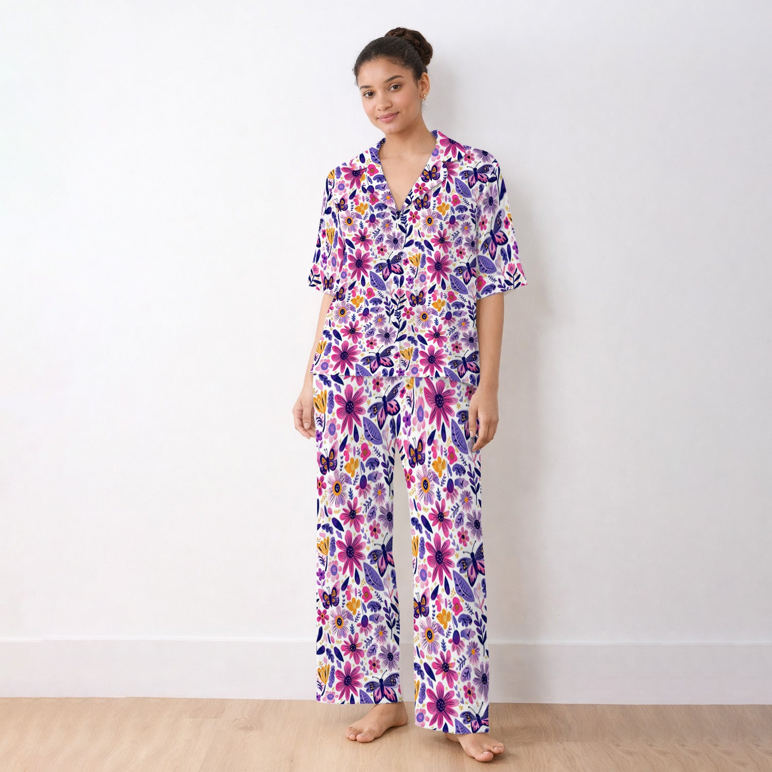 Cute Butterfly Wildflower Garden Pattern Pajama Set, Soft Breathable Fabric Comfortable Sleepwear
