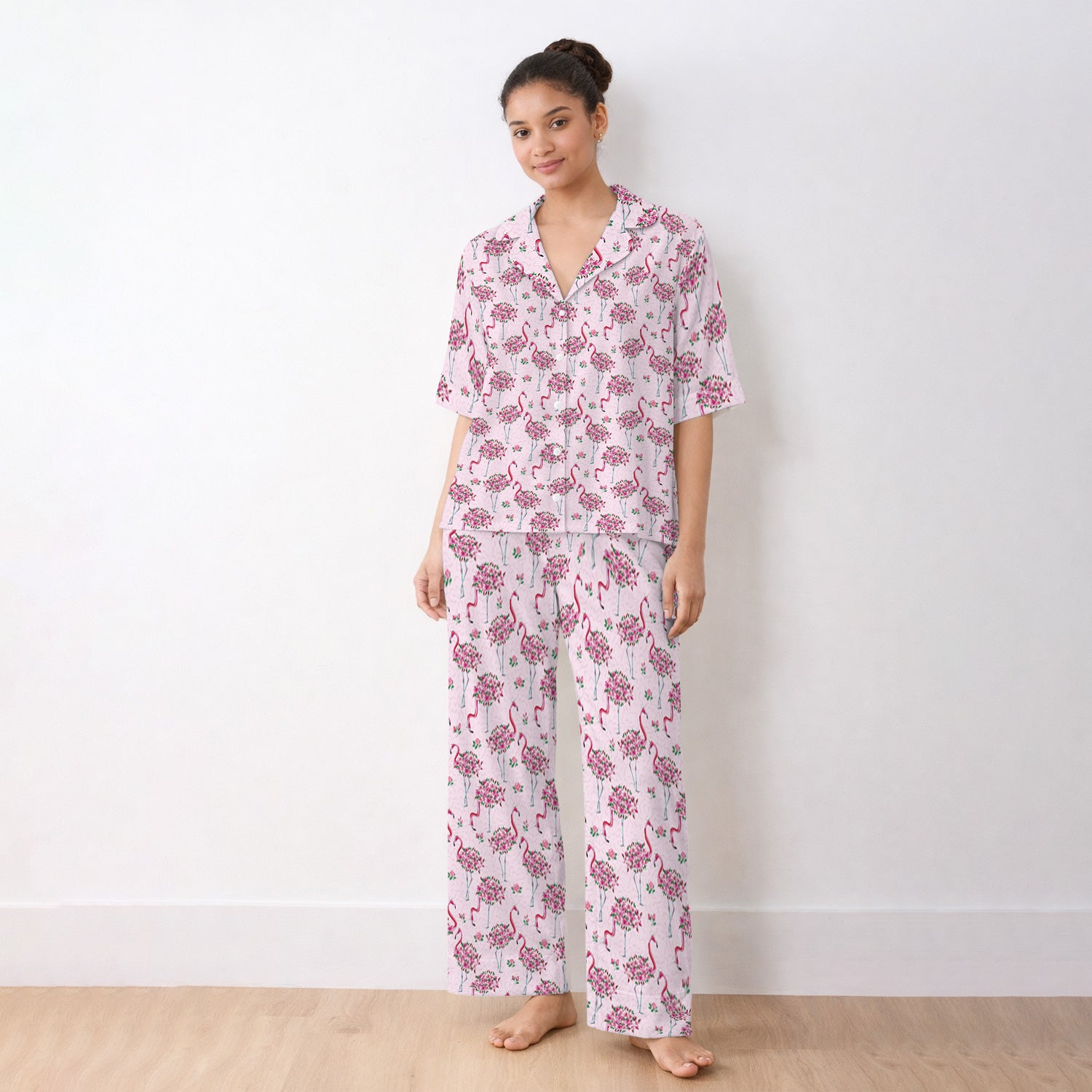 Pink Flamingo Floral Pattern  Pajama Set, Breathable Fabrics Uniform