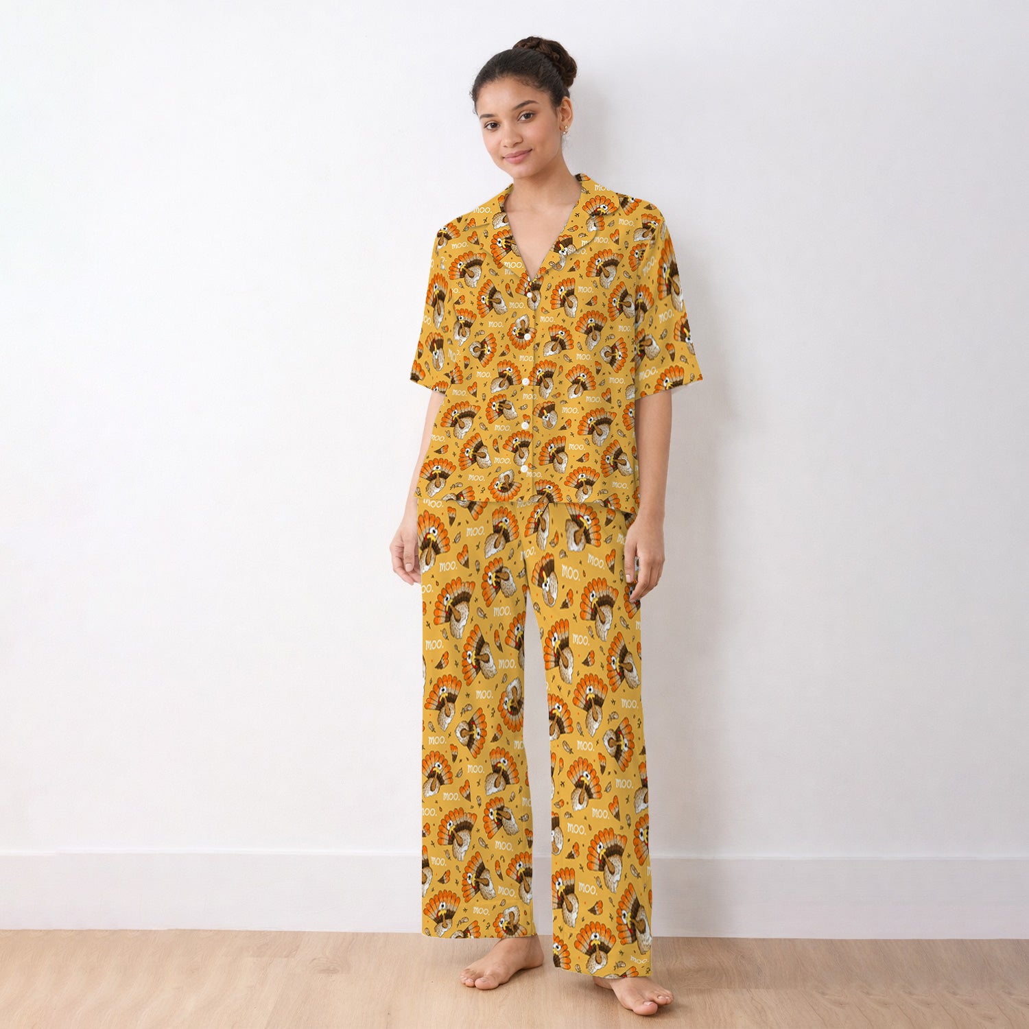 Funny Thanksgiving Moo Turkey Pajama Set, Soft Breathable Fabric Comfortable Sleepwear