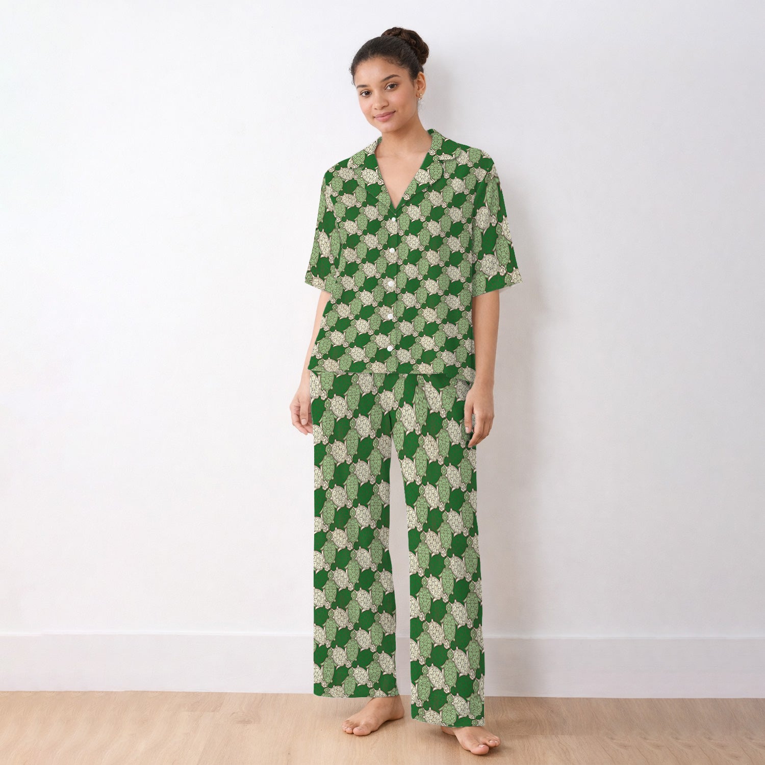 Green Sea Turtle Shell Pattern Pajama Set, Soft Breathable Fabric Comfortable Sleepwear