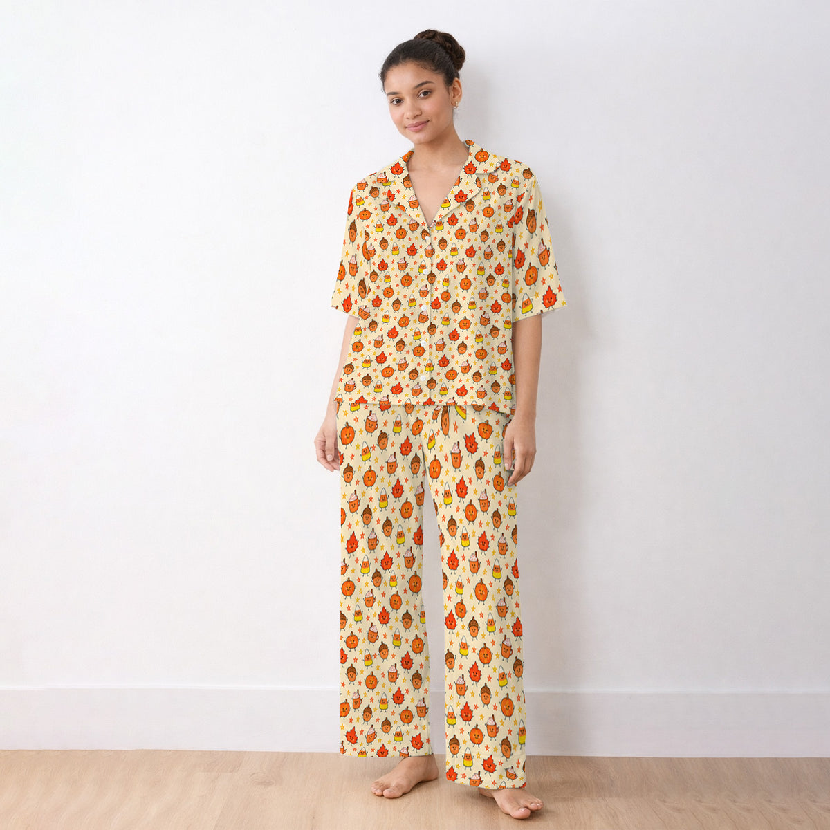 Cute Fall Pumpkin Spice Doodles Pajama Set, Soft Breathable Fabric Comfortable Sleepwear