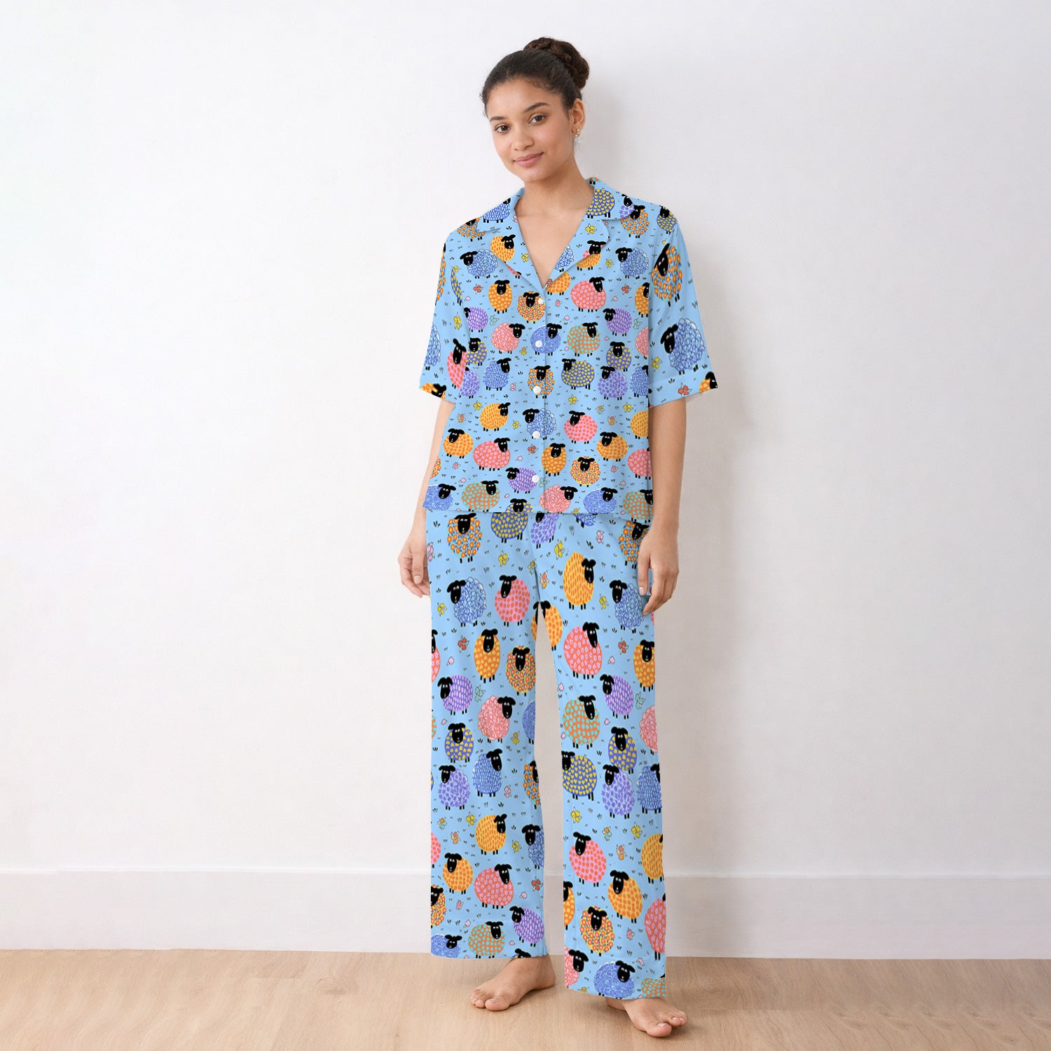 Funny Colorful Sheep Pattern Pajama Set, Breathable Fabrics Uniform