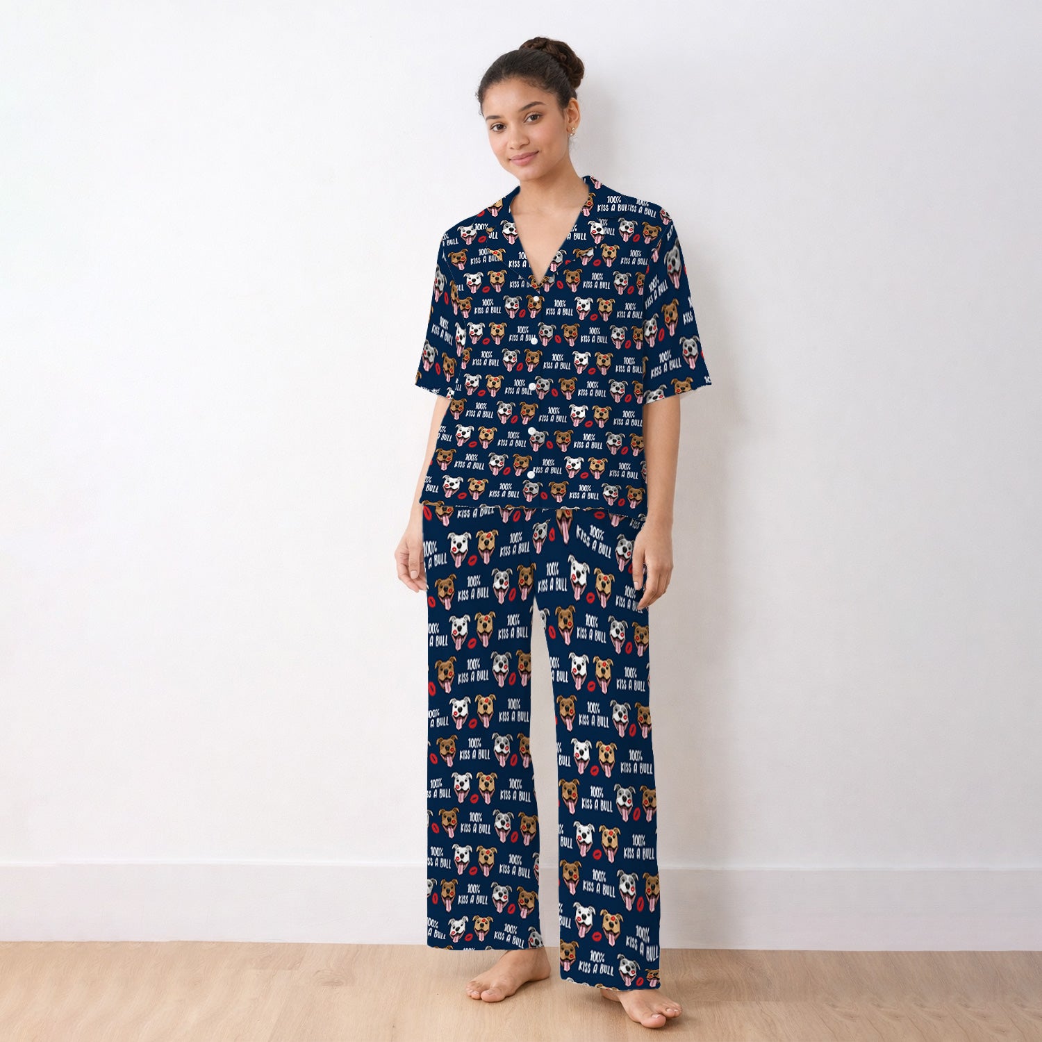 Kiss A Bull Pitbull Print Pajama Set, Soft Breathable Fabric Comfortable Sleepwear