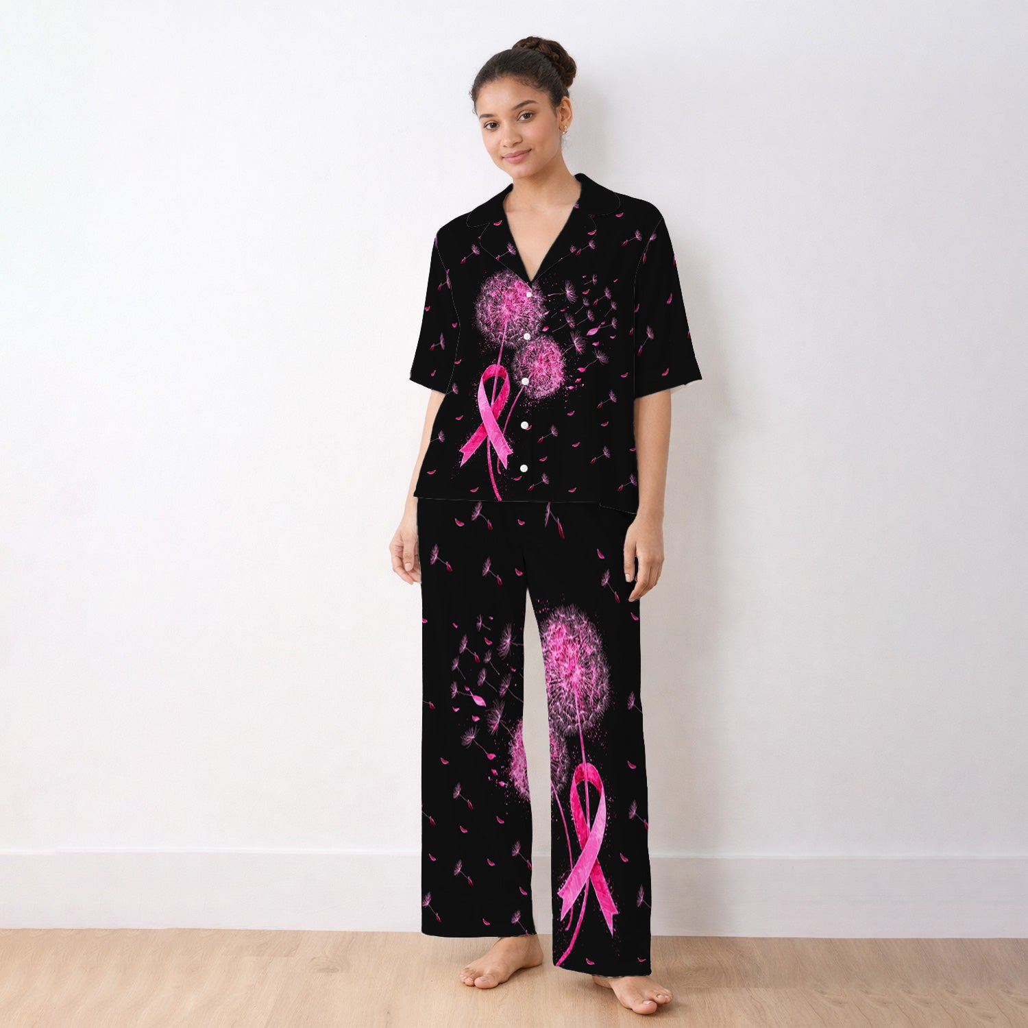 Meaningful Pink Ribbon Dandelion Pajama Set, Soft Breathable Fabric Comfortable Sleepwear