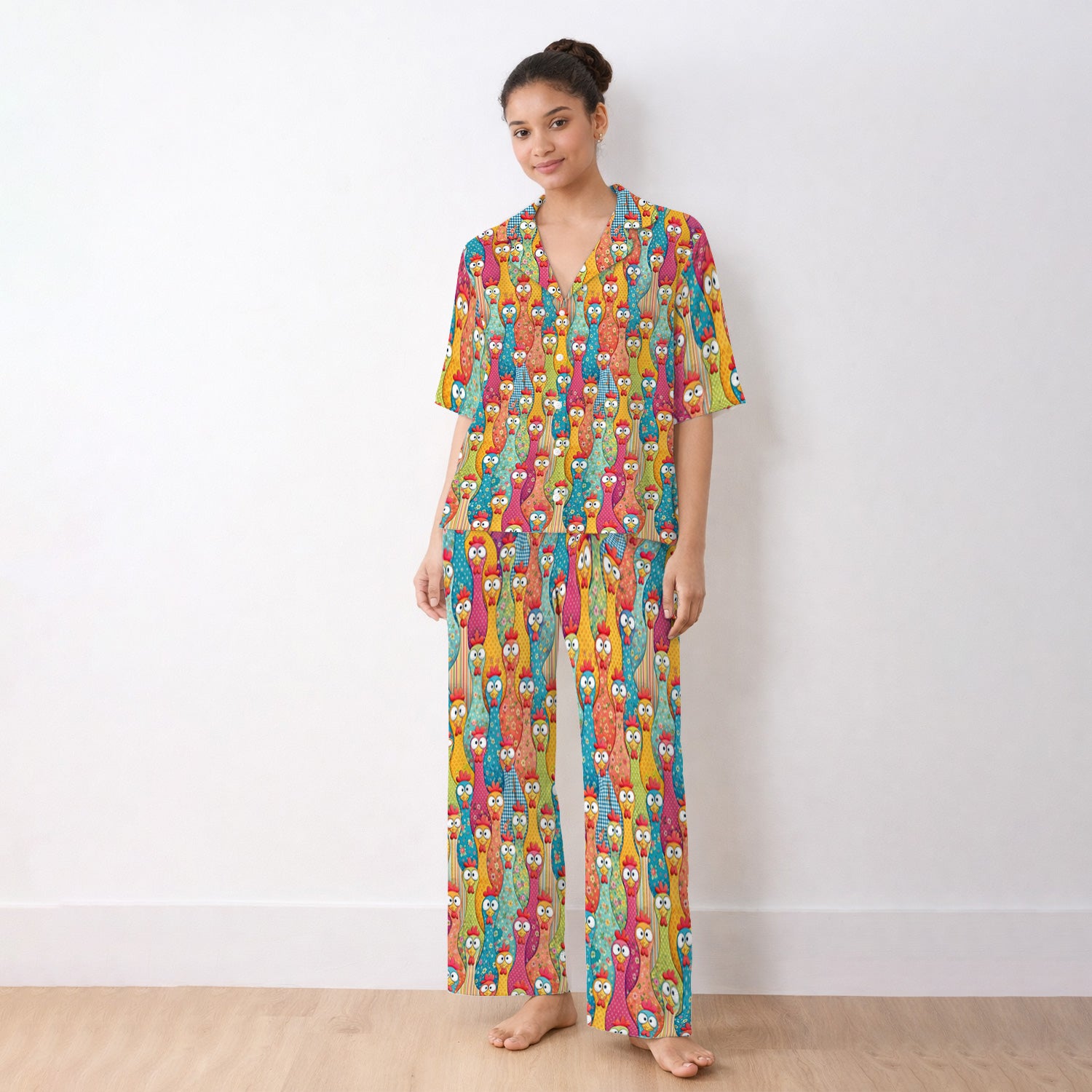 Funny Farm Chicken Cartoon Pattern Pajama Set, Soft Breathable Fabric Comfortable Sleepwear