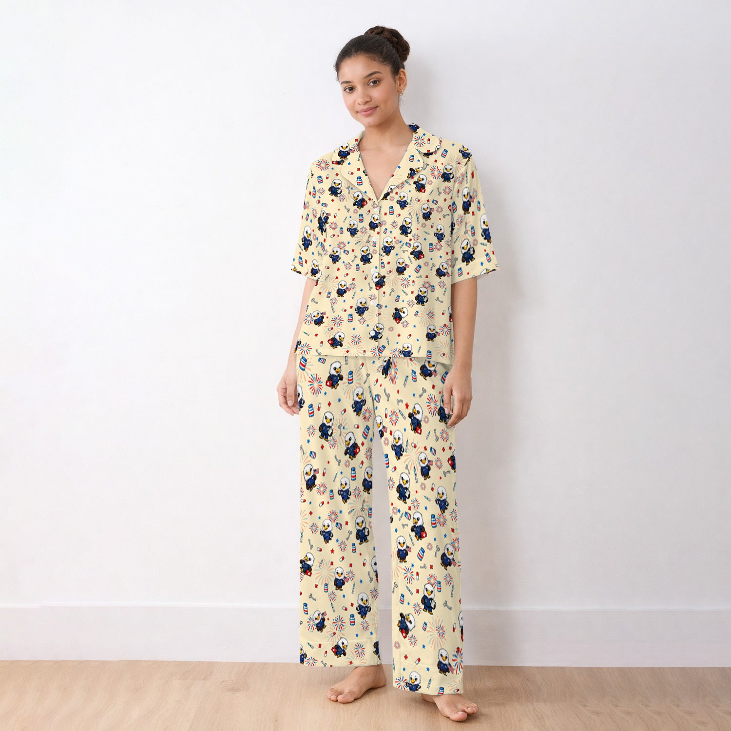 Patriotic Nurse Eagle Fireworks Medical Pattern Pajama Set, Breathable Fabrics Uniform