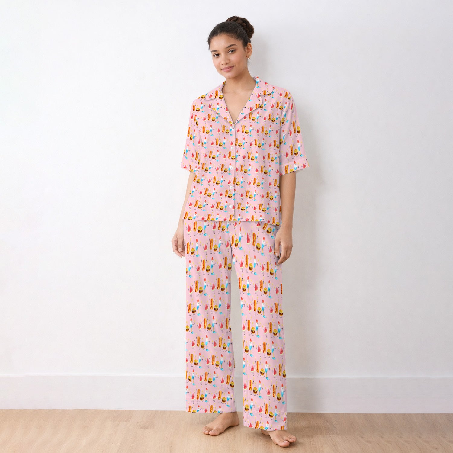 Funny Summer Food Icons Pattern Scrub Set, Breathable Fabrics Nursing Uniform