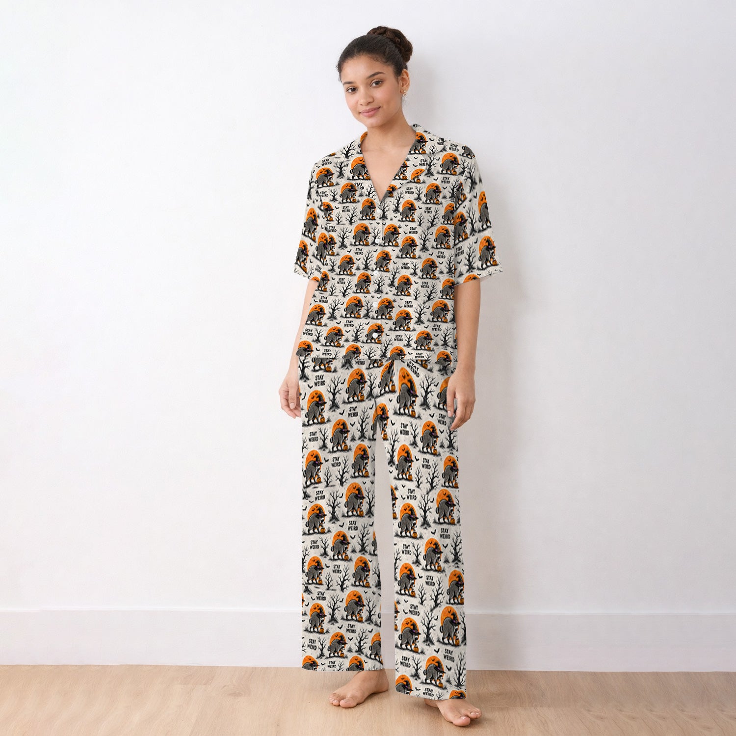 Funny Stay Weird Halloween Raccoon Pajama Set, Soft Breathable Fabric Comfortable Sleepwear