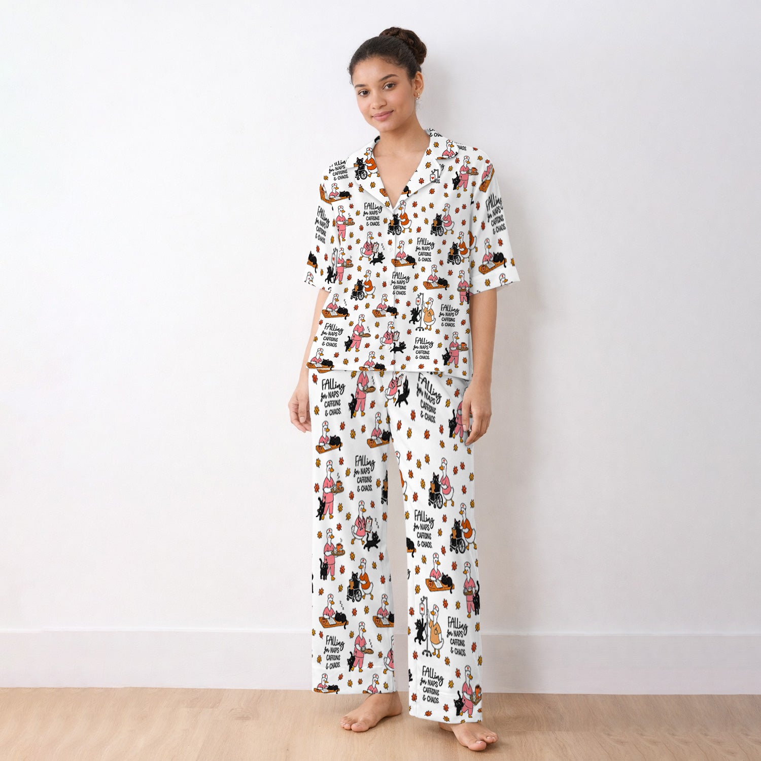 Funny Fall Nurse Goose And Black Cat Pajama Set, Soft Breathable Fabric Comfortable Sleepwear