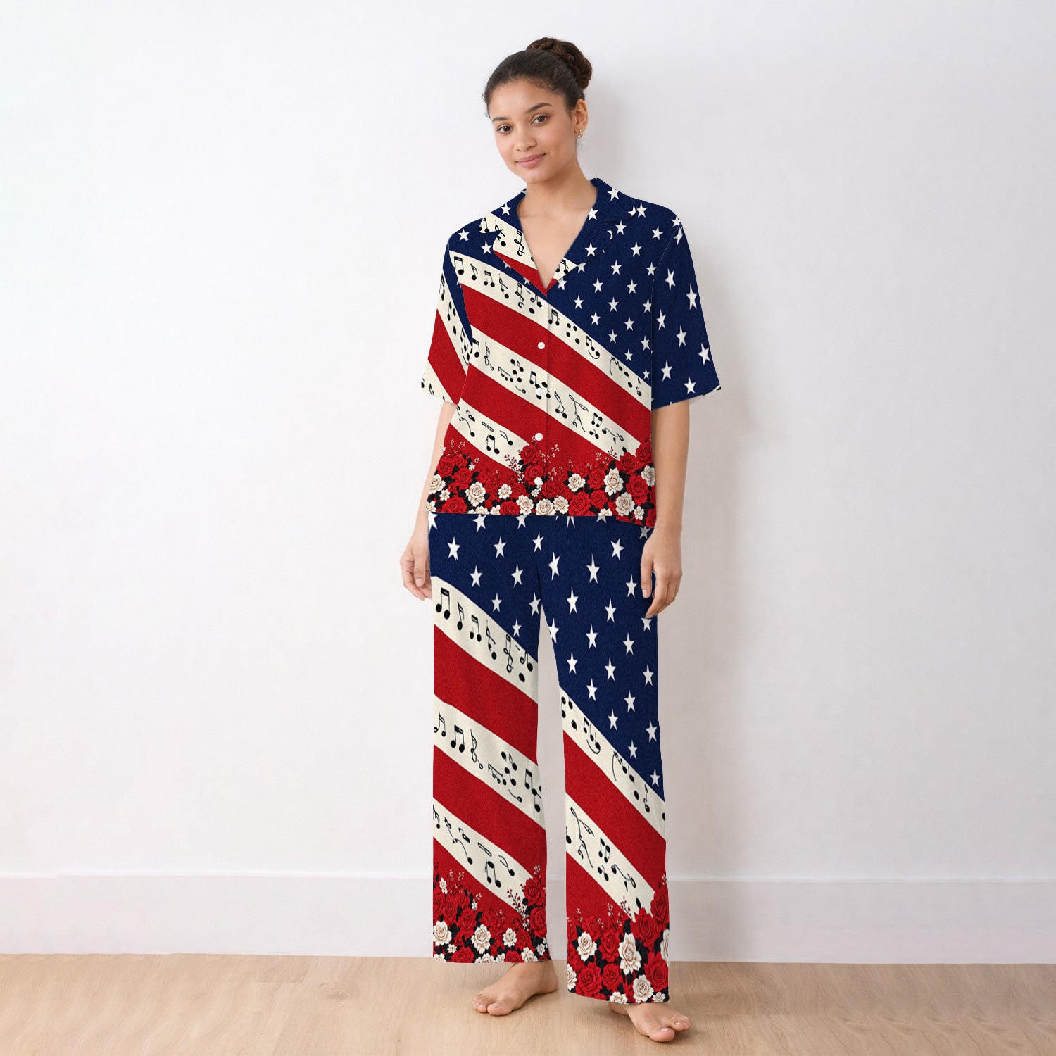Patriotic Music Notes Nurse Scrub Top for RN, CNA, Healthcare Workers, Floral USA Uniform Pajama Set, Soft Breathable Fabric Comfortable Sleepwear